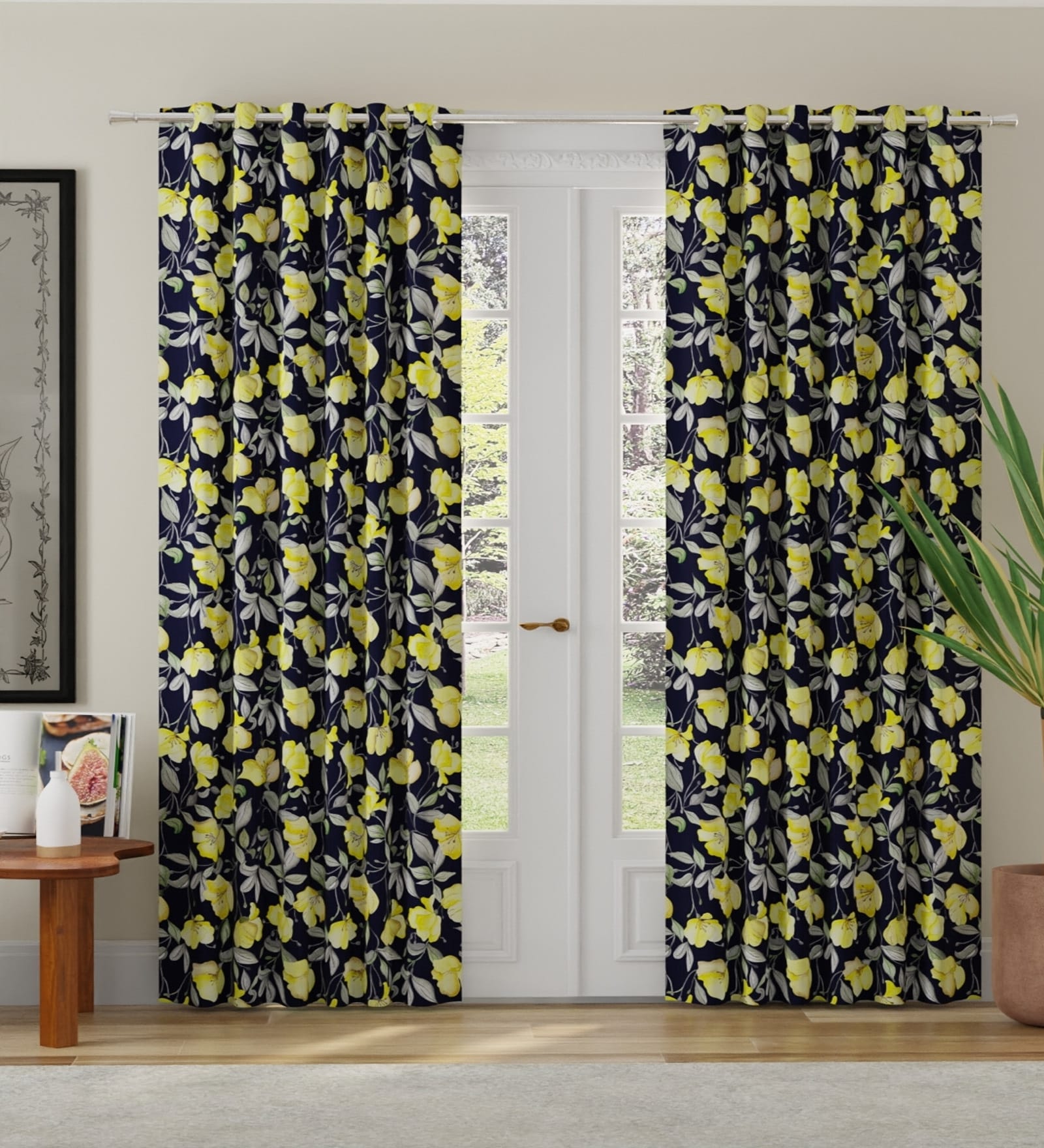 Yellow Polyester Floral 9ft Room Darkening Eyelet Long Door Curtains (2 Pc)