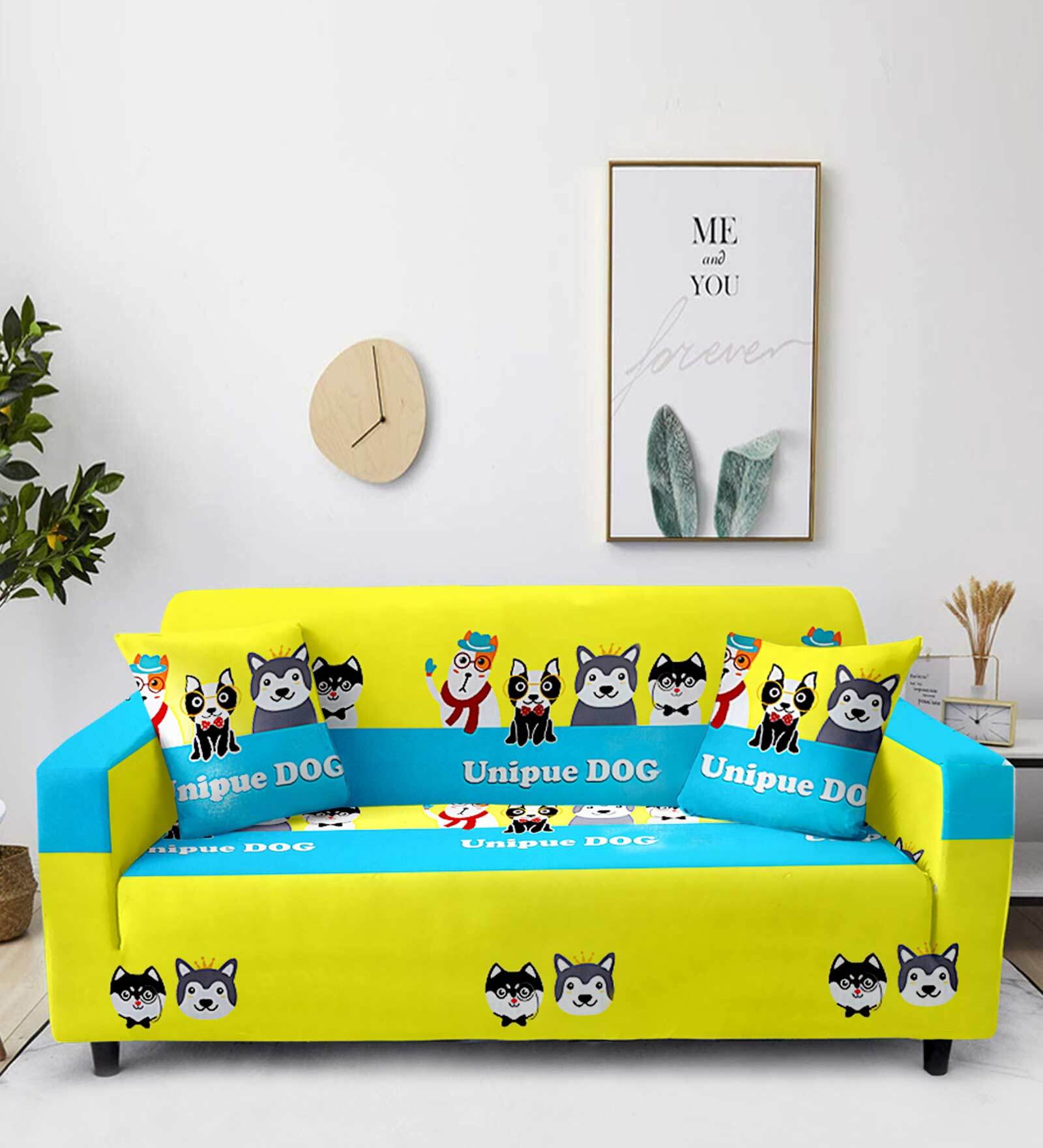 Yellow Polyester Abstract Single Seater Sofa Cover