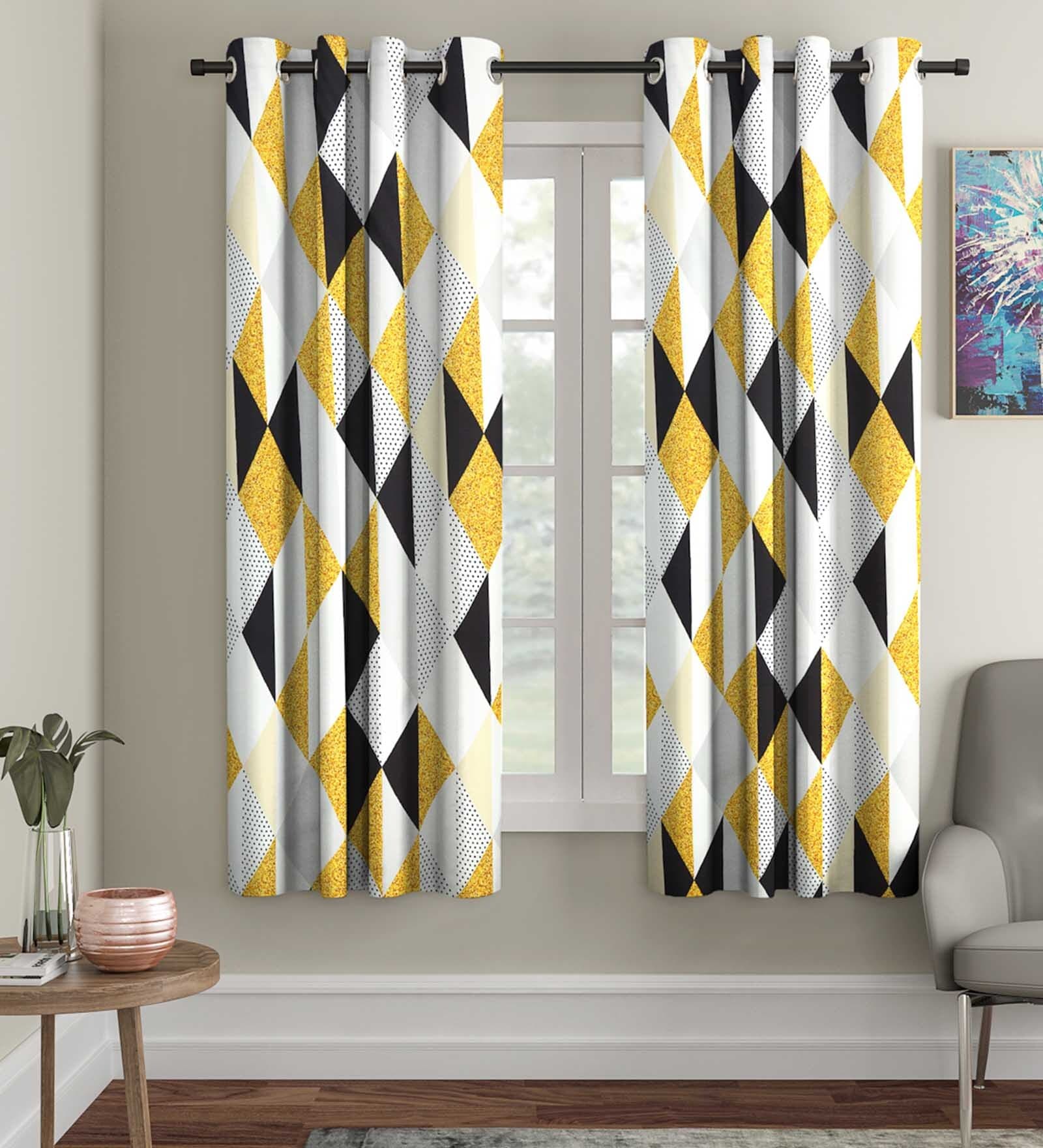Yellow Geometric Polyester 5 Ft Semisheer Eyelet Window Curtains (Set of 2)