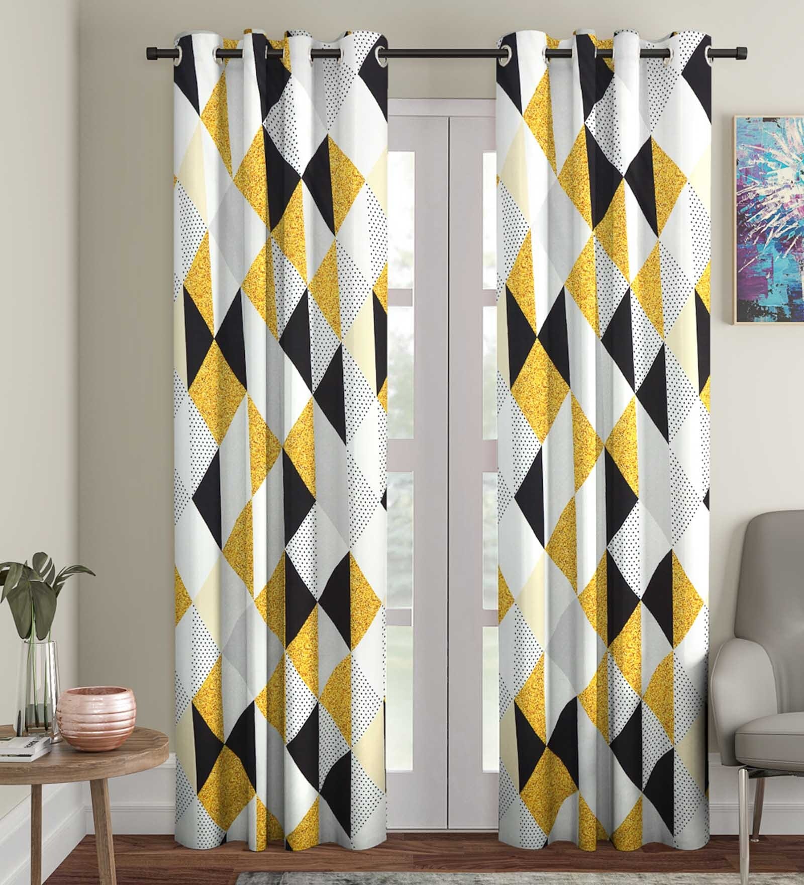 Yellow Geometric Polyester 7 Ft Semisheer Eyelet Door Curtains (Set of 2)