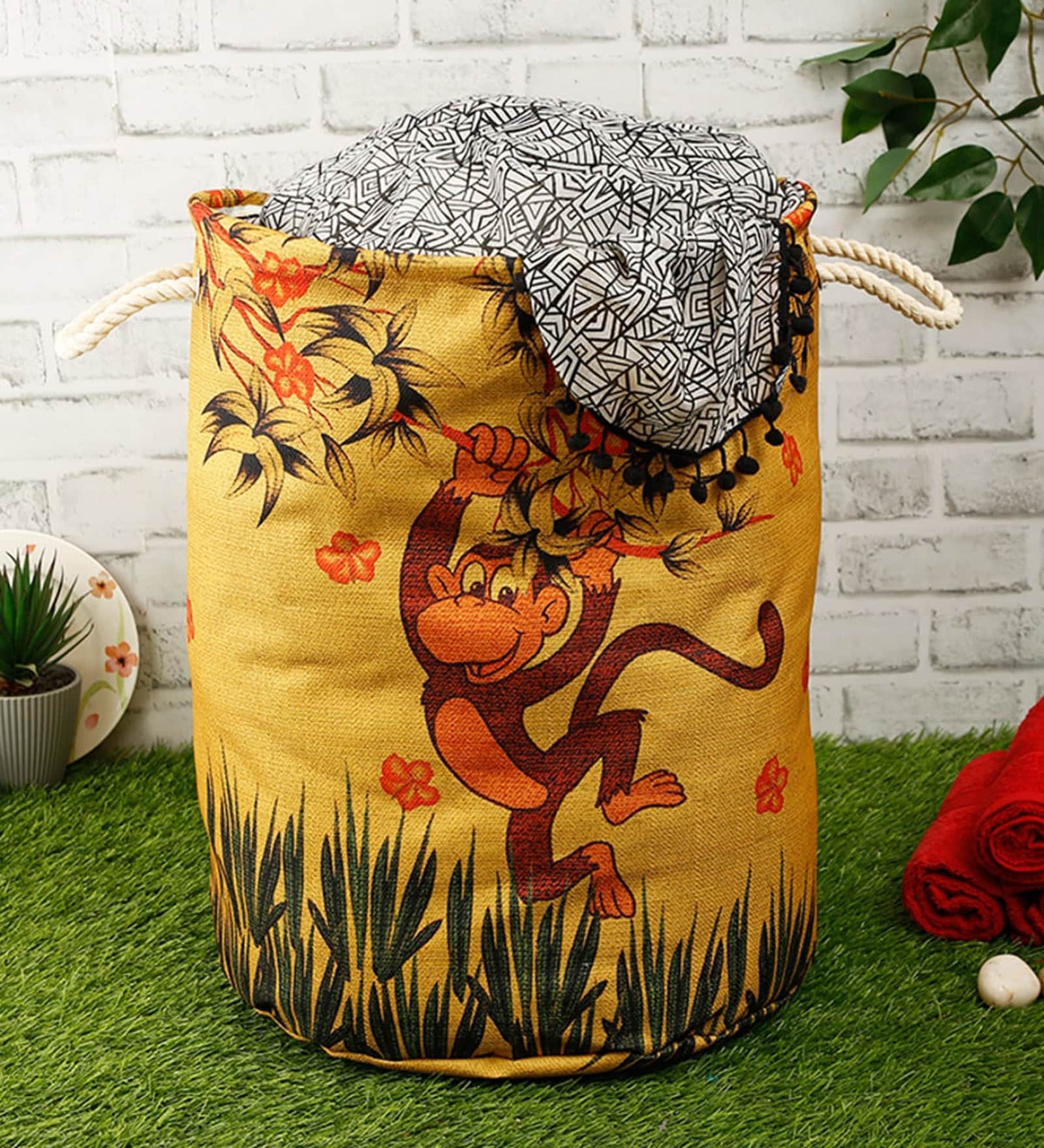 Yellow Polyester Slub 50 Ltr (1Pc) Laundry Basket with Lid