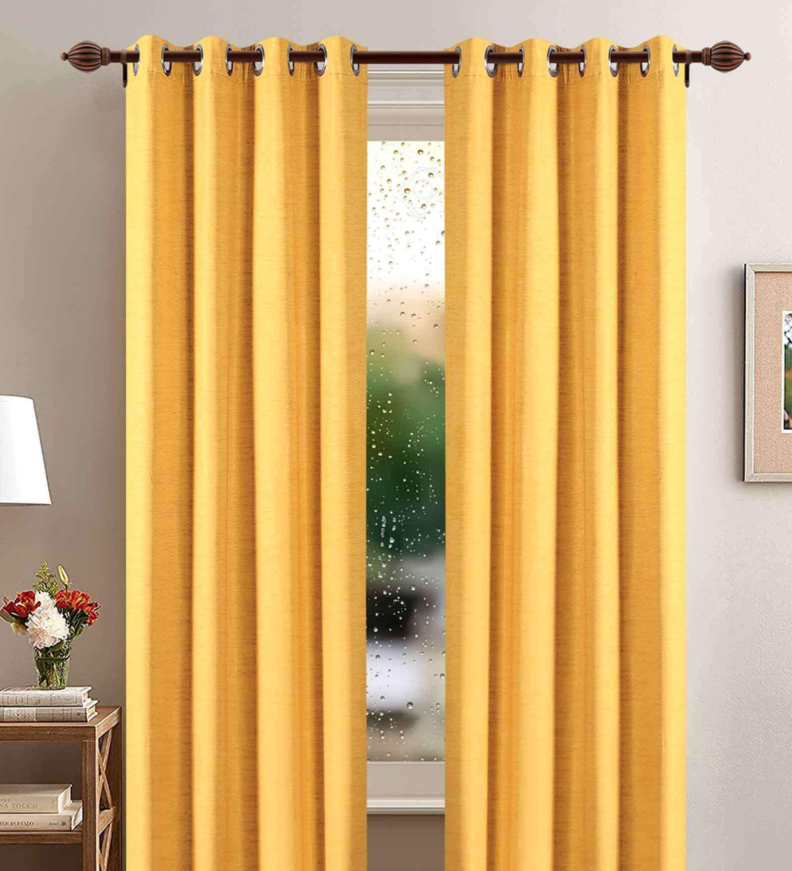 Yellow Polyester Solid 9 Ft Blackout Eyelet 2 Door Curtains