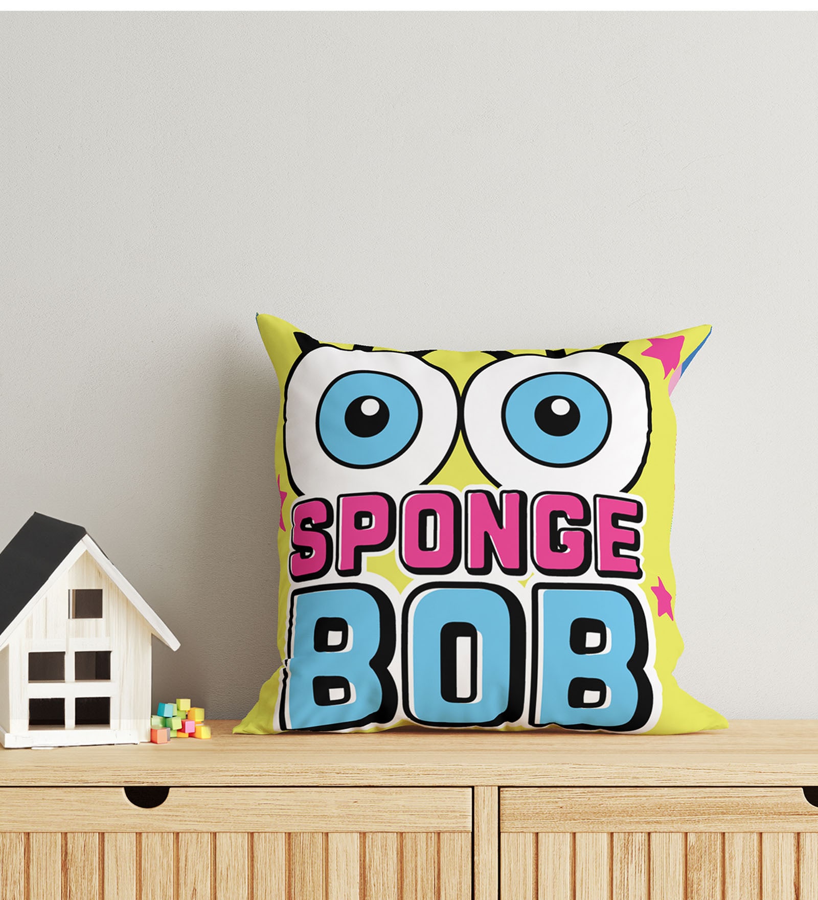 Yellow Polyester Sponge Bob 16x16 inches Reversible Kids Cushion (1 Pc)