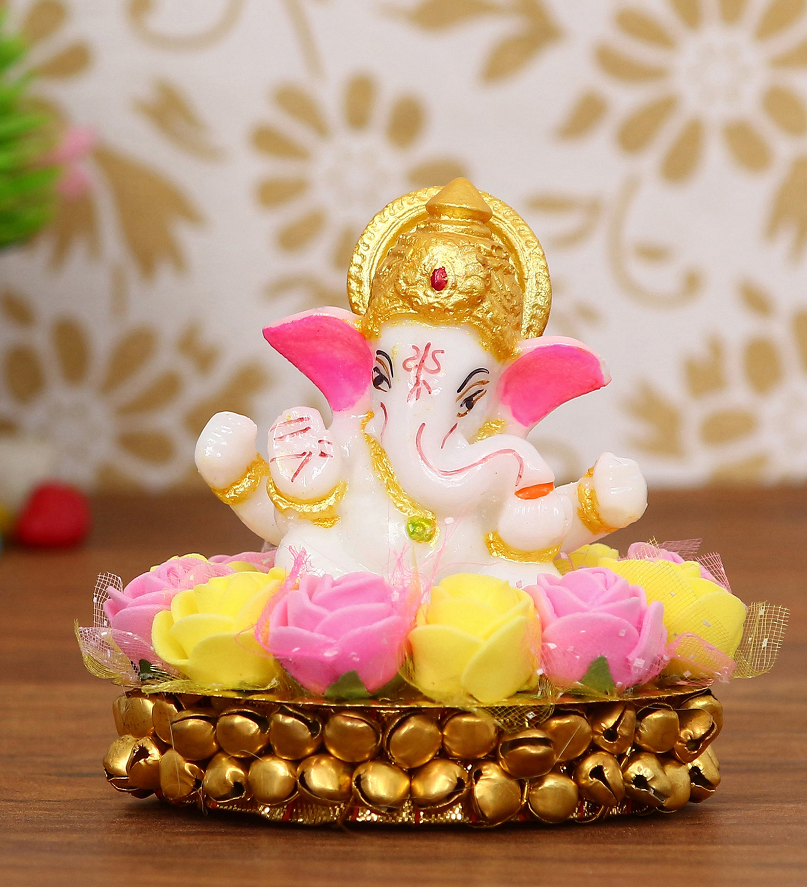 Yellow Polyresin Lord Ganesha Playing Dholak Idol