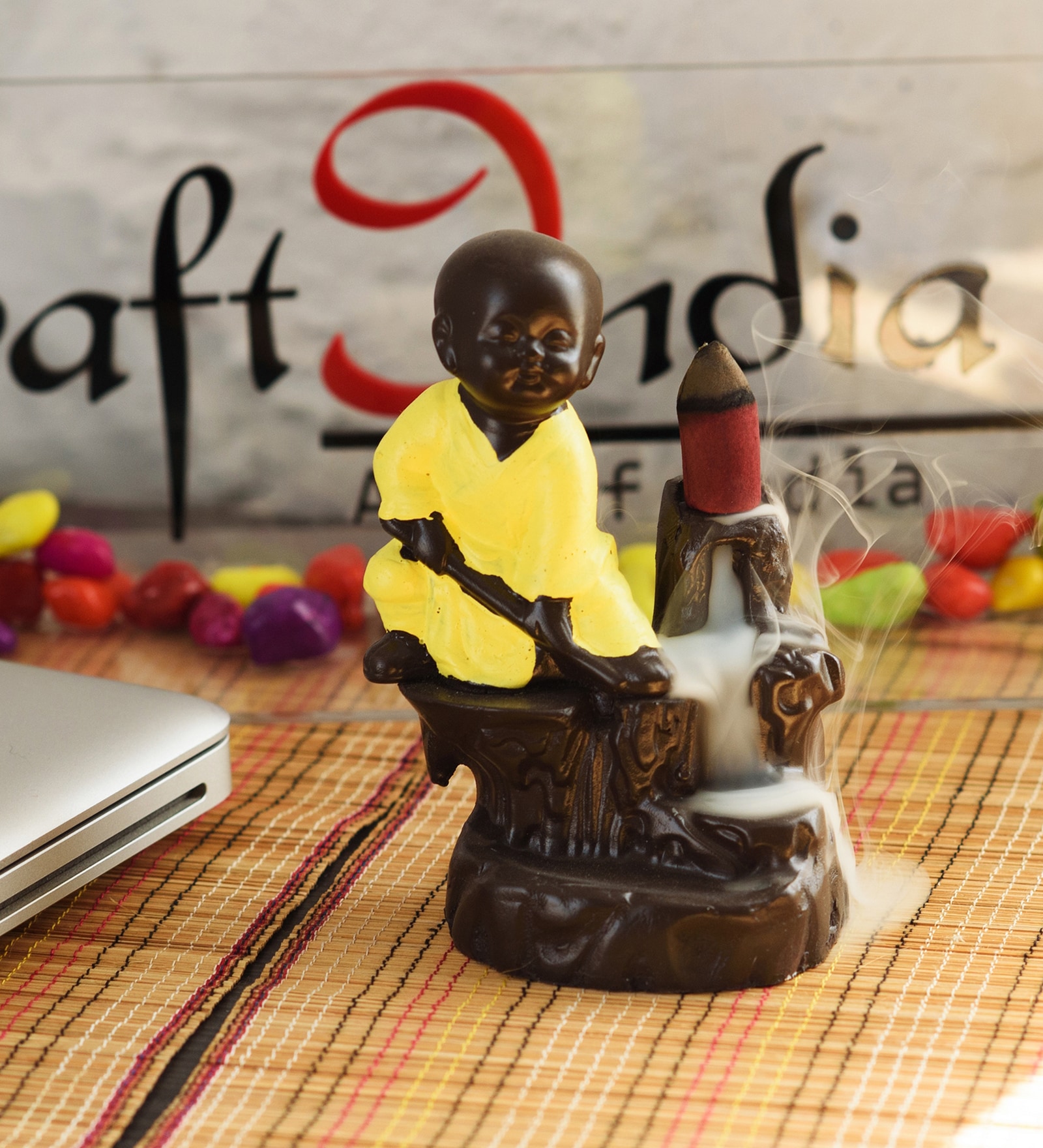 Yellow Karate Styl Monk Buddha Smoke Fountain with 10 Backflow Cone Decorative Incense Holder