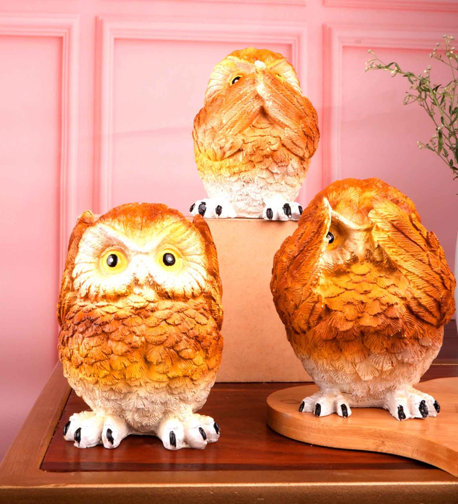 Yellow Polyresin Premium Owl Figurine Set Of Three