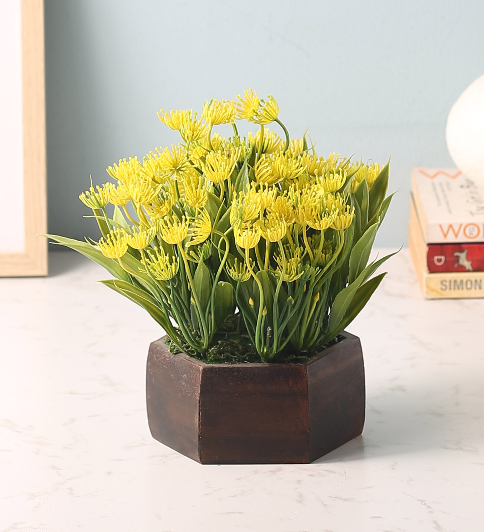Yellow Polyster Artificial Flowering Yucca Leaves Plant With Wooden Hexagon Pot