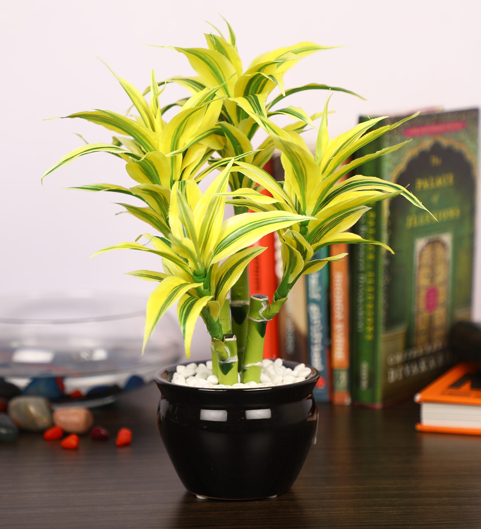 Yellow Artificial Dracaena Bonsai Plant with White Ceramic Pot