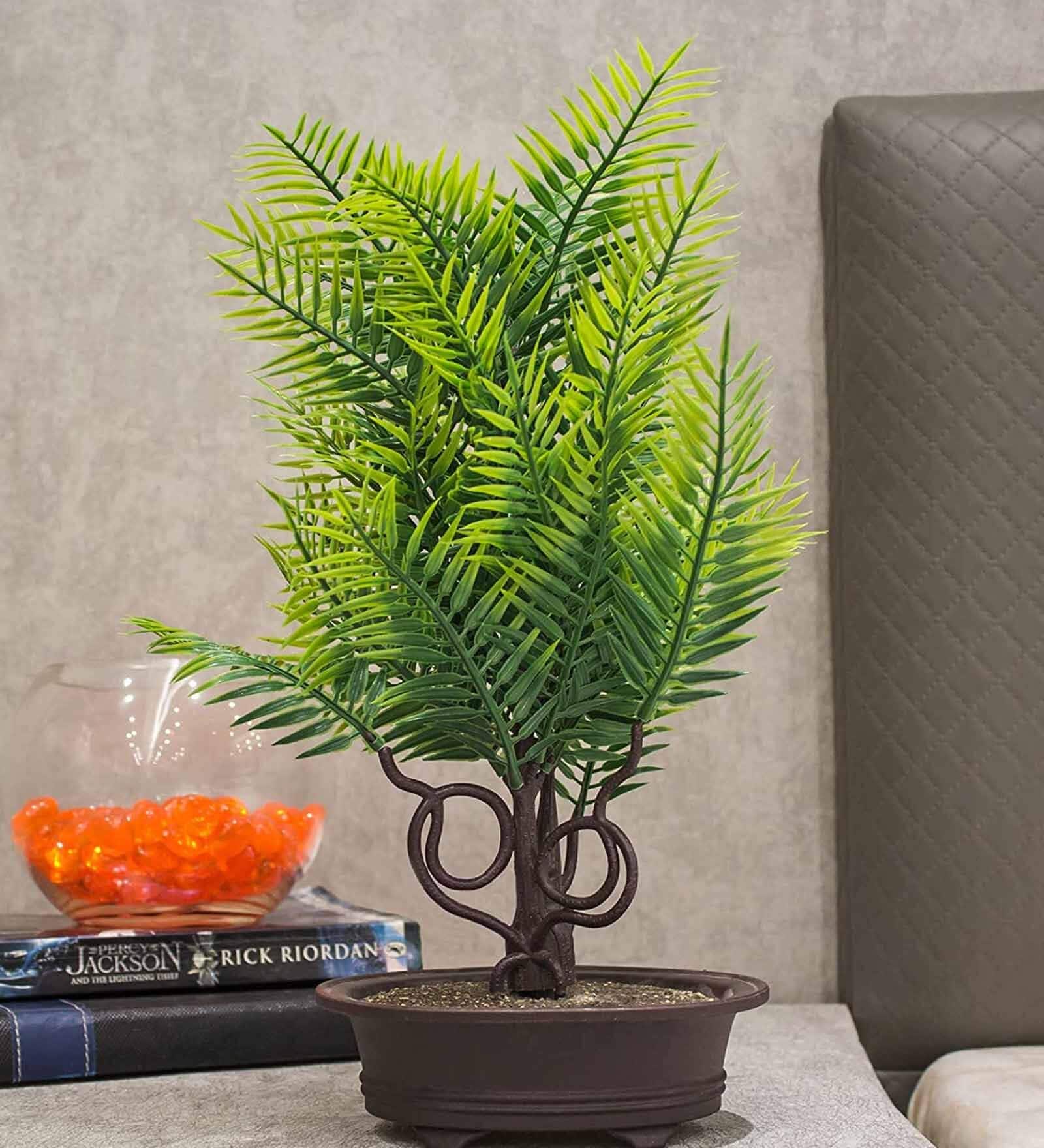 Yellow Polyurethane Artificial Palm Bonsai Plant With Brown Fiber Pot