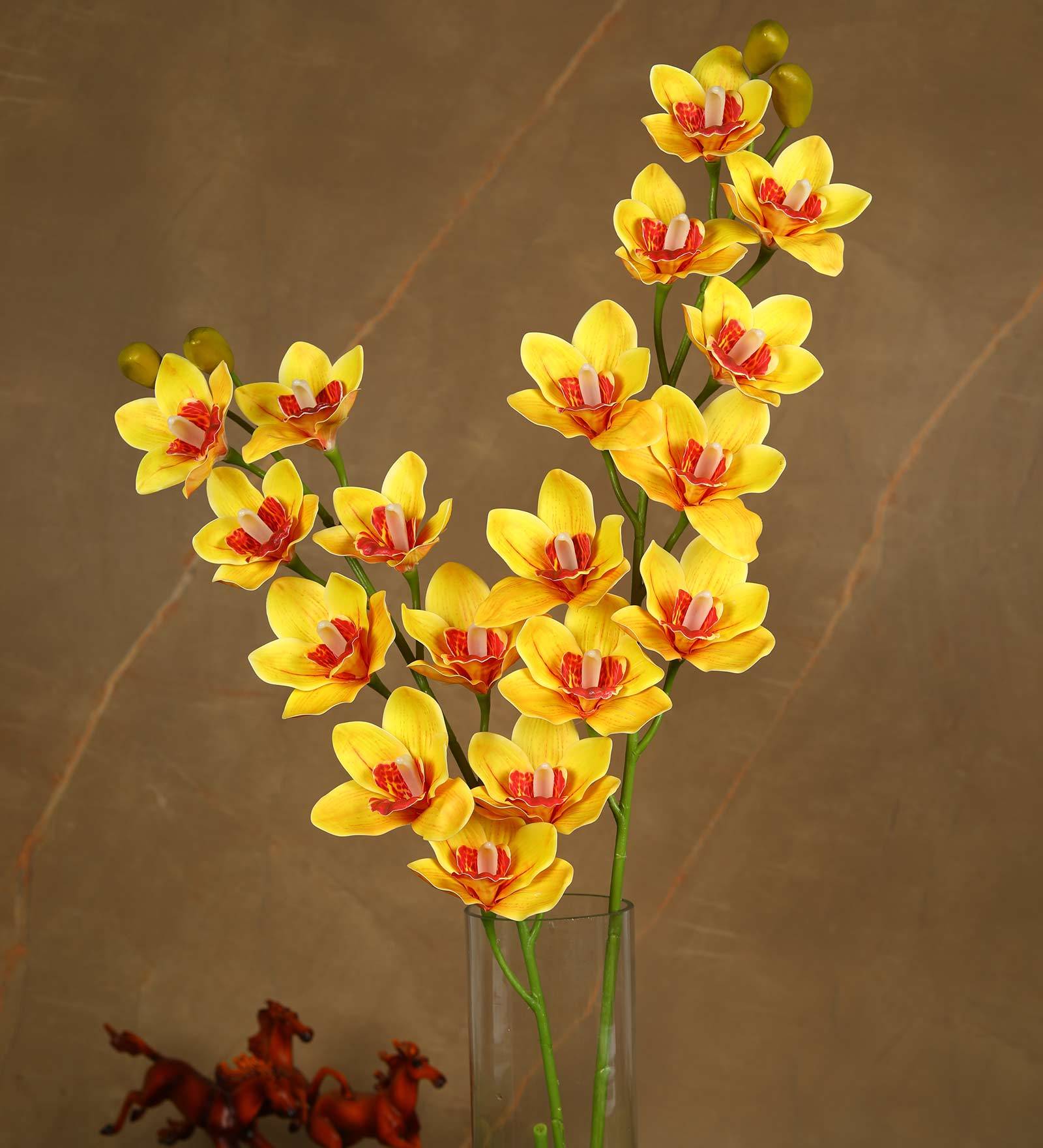 Yellow Polyurethane Beautiful Artificial Cymbidium Orchid Flowers Set of 2