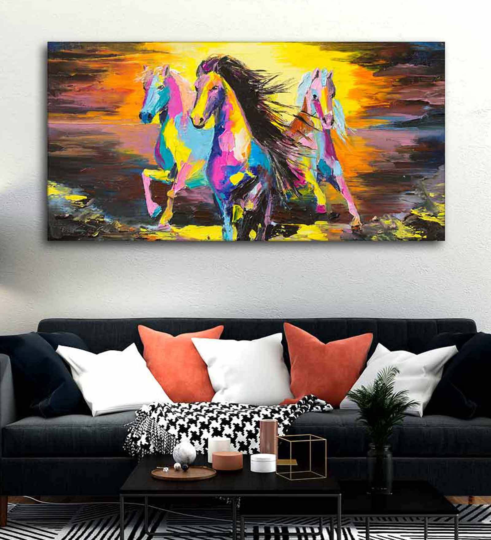 Running Horse Yellow Canvas Framed Wildlife Art Print