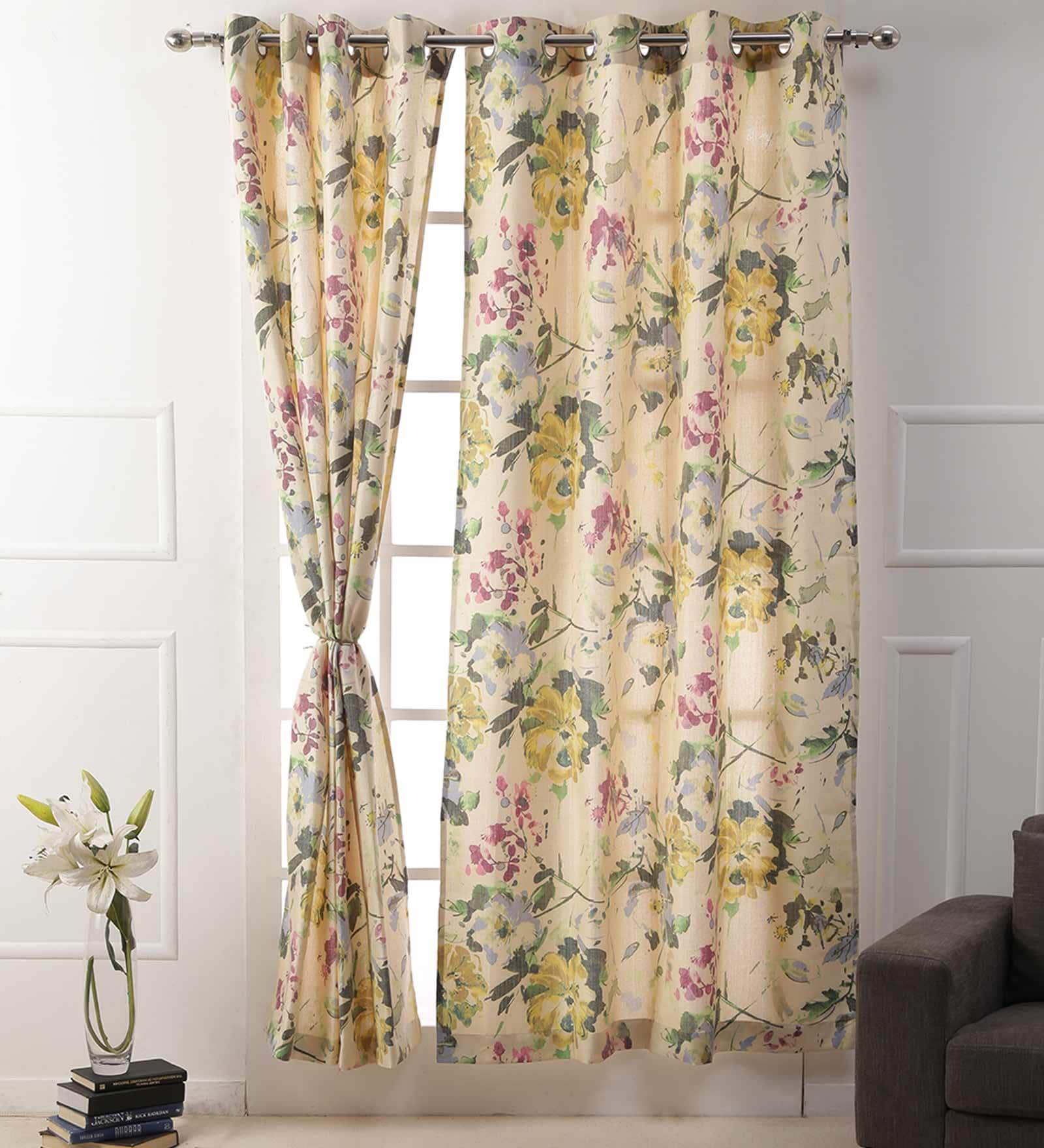 Yellow Floral Jute 7 Ft Light Filtering Eyelet Door Curtain