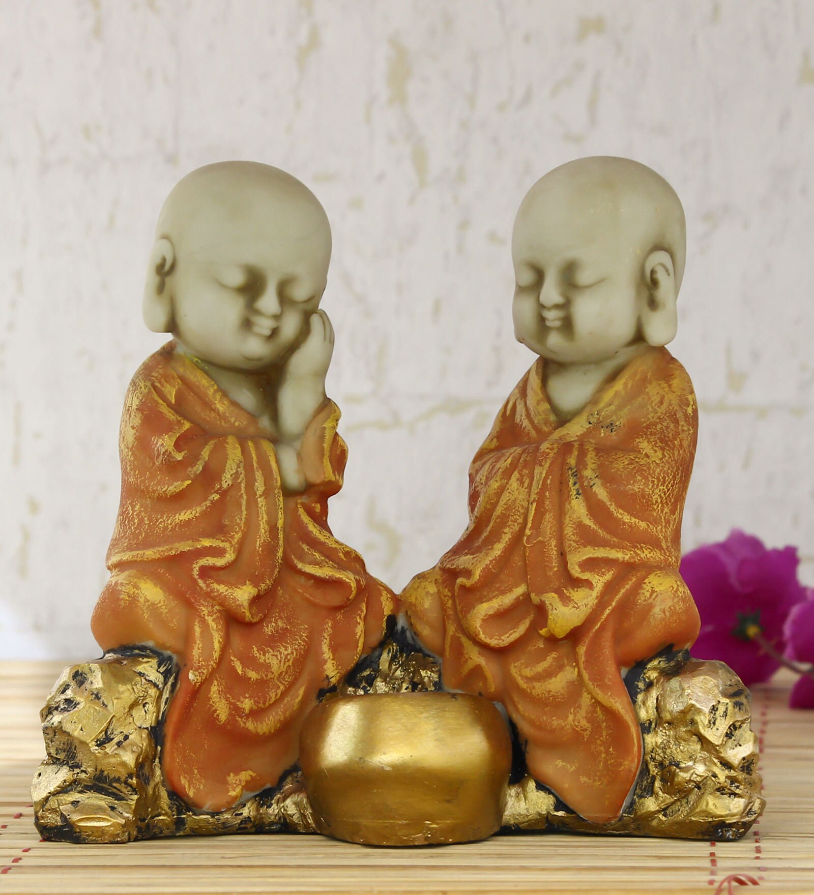 Yellow Set of 2 Monks Polyresin Tealight Holder