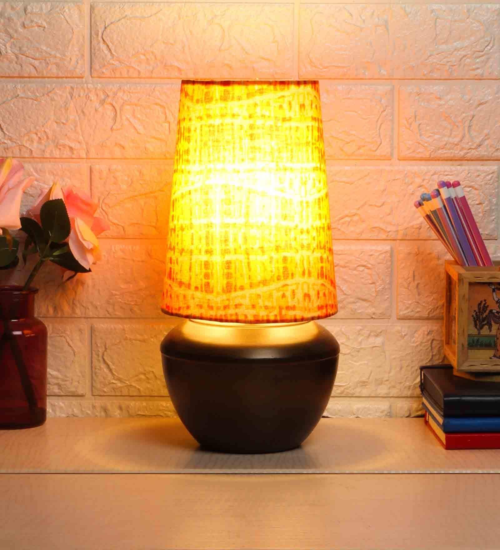 Yellow Shade Table Lamp With Antique Base
