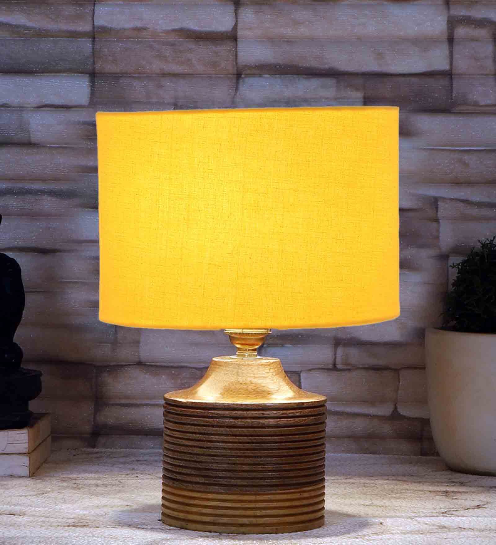 Yellow Shade Table Lamp With Wood Base