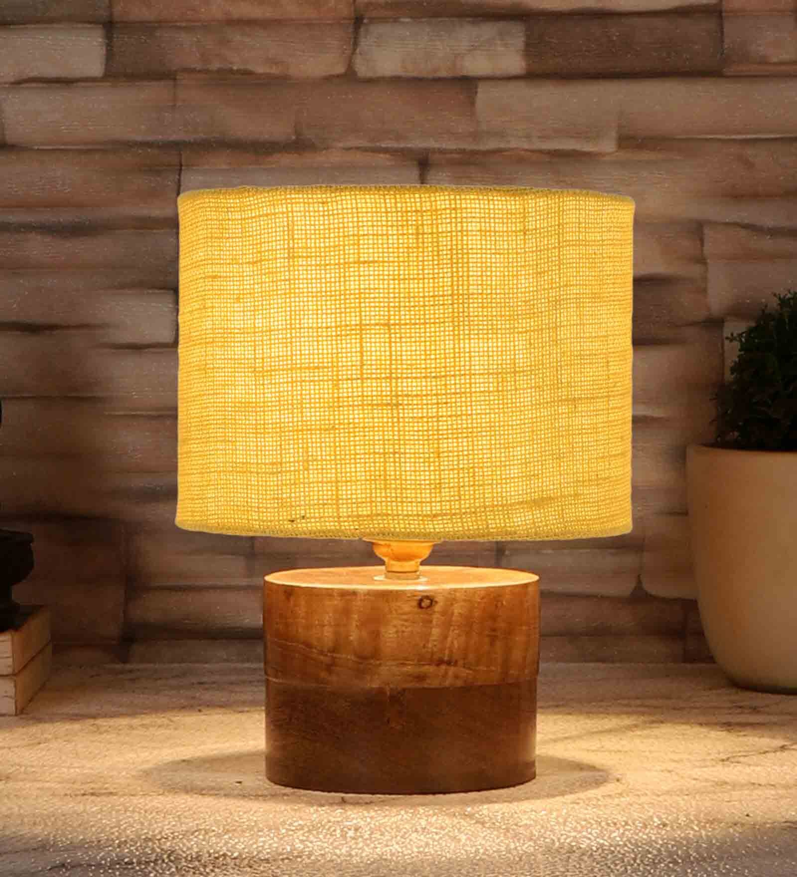 Yellow Shade Table Lamp With Wood Base