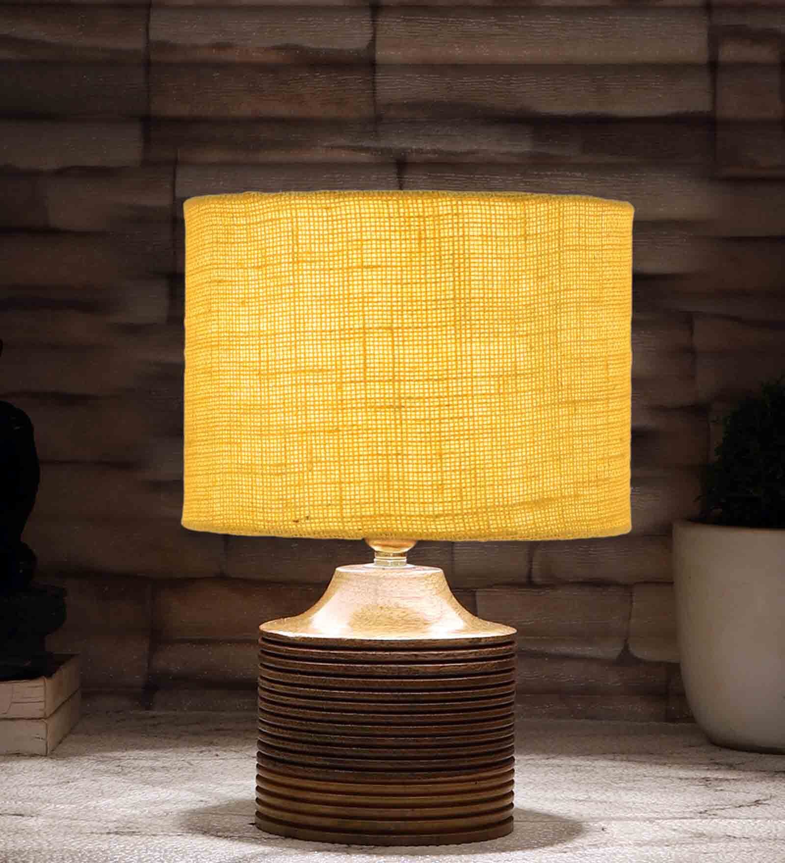 Yellow Shade Table Lamp With Wood Base