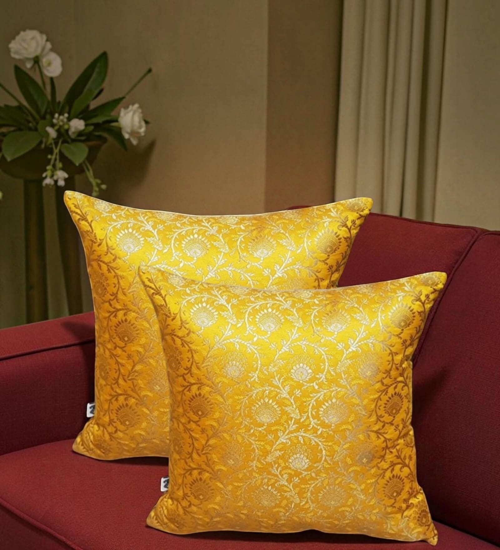 Yellow Silk blend Brocade Meenakari Morpankh  16x16 inches Cushion Covers (Set of 2)