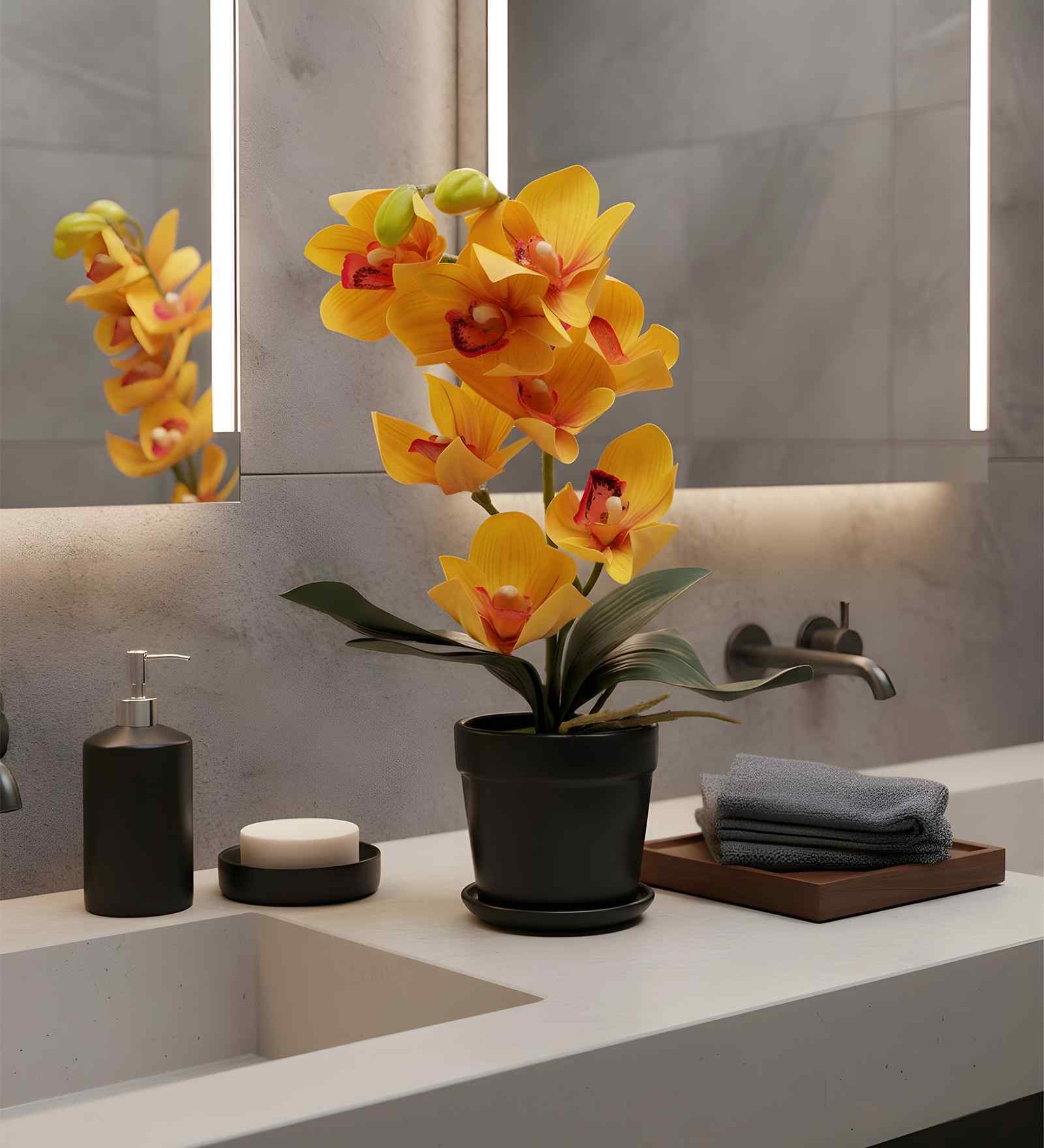 Yellow Silk Fabric Coral Luxe Orchid Arrangement Pot With Flower