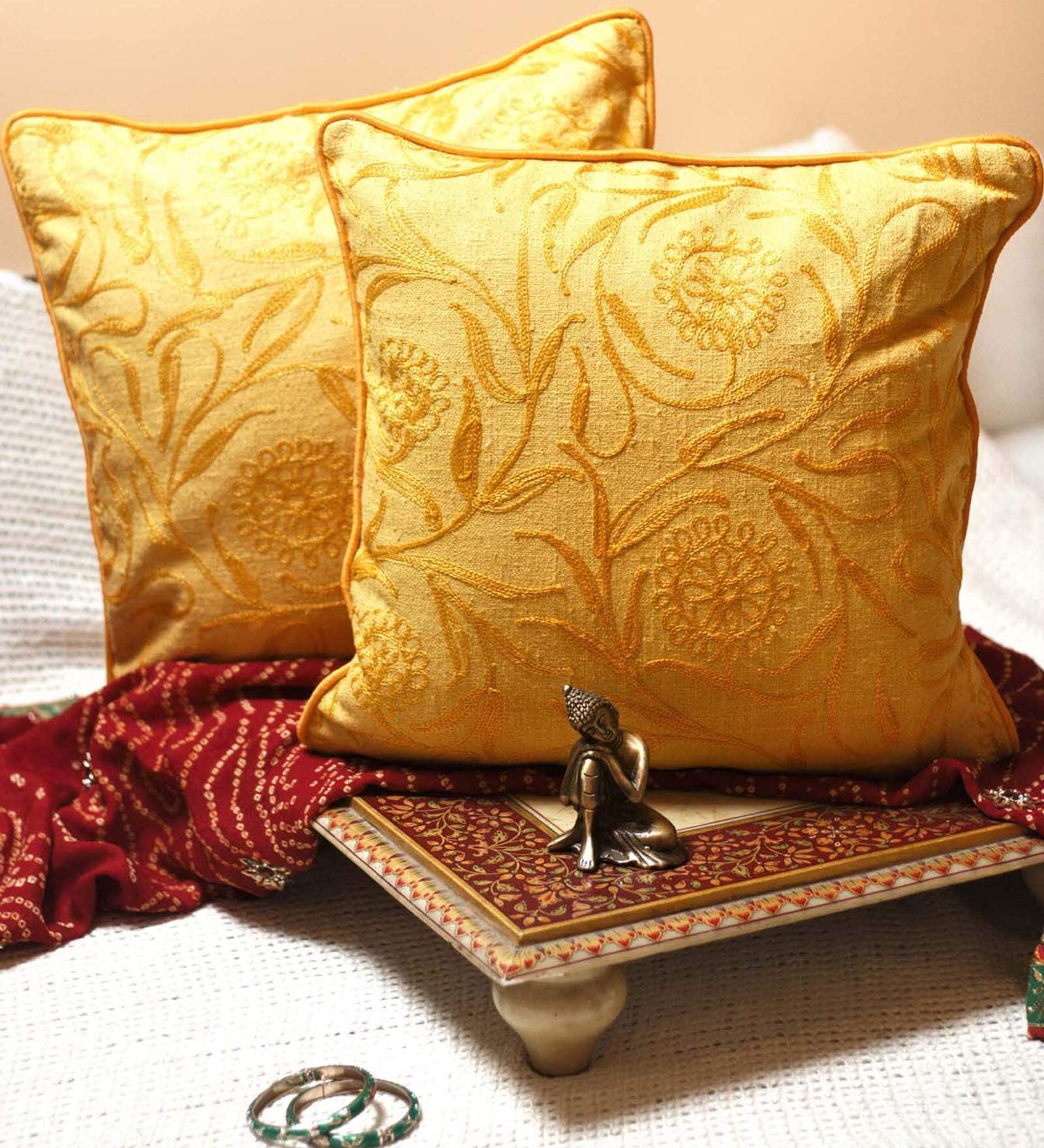 Yellow Textured Silk 16 x 16 Inches Cushion Covers (Set of 2)