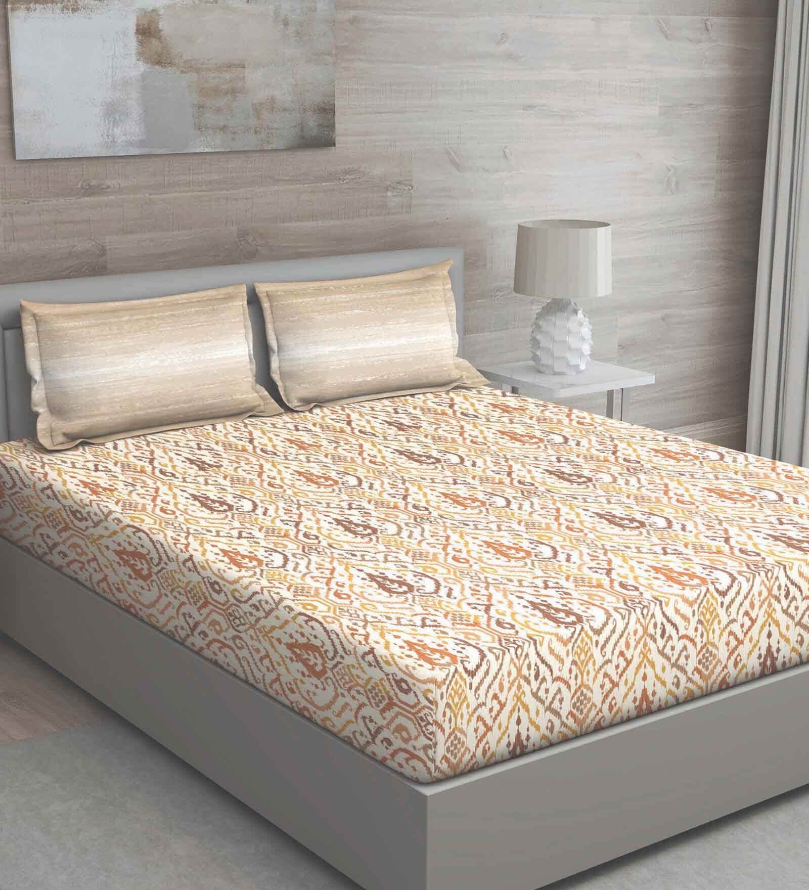 Yellow Traditional 144 TC Cotton Queen Sized Bed Sheets with 2 Pillow Covers