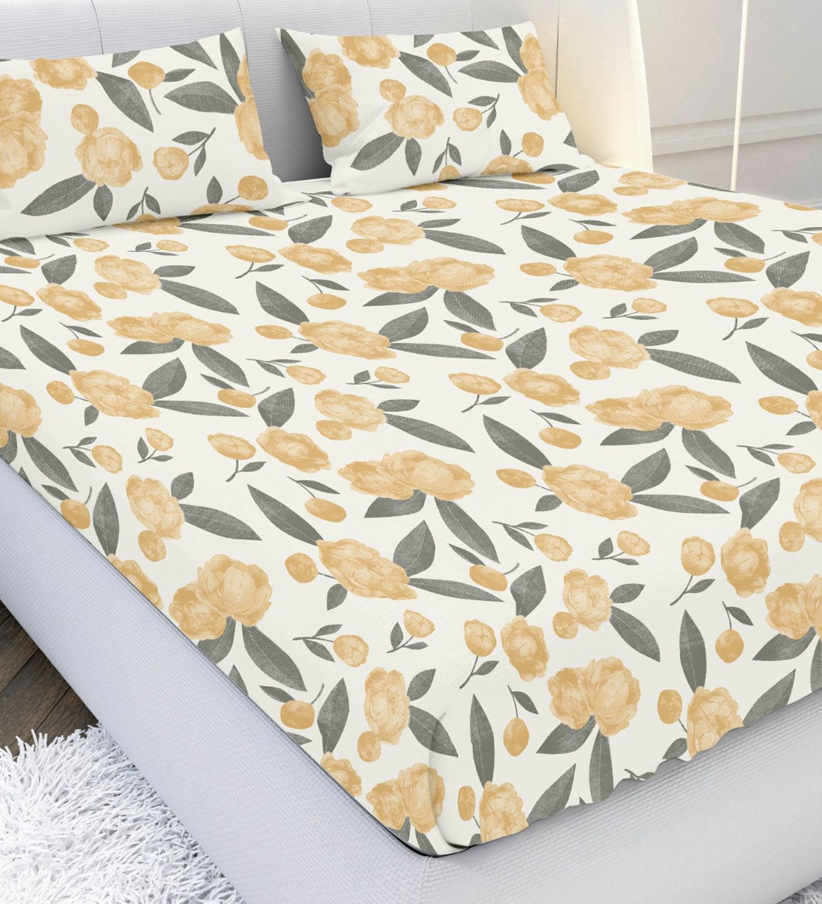 Yellow Floral 144 TC Cotton Super King Bedsheet with 2 Pillow Covers