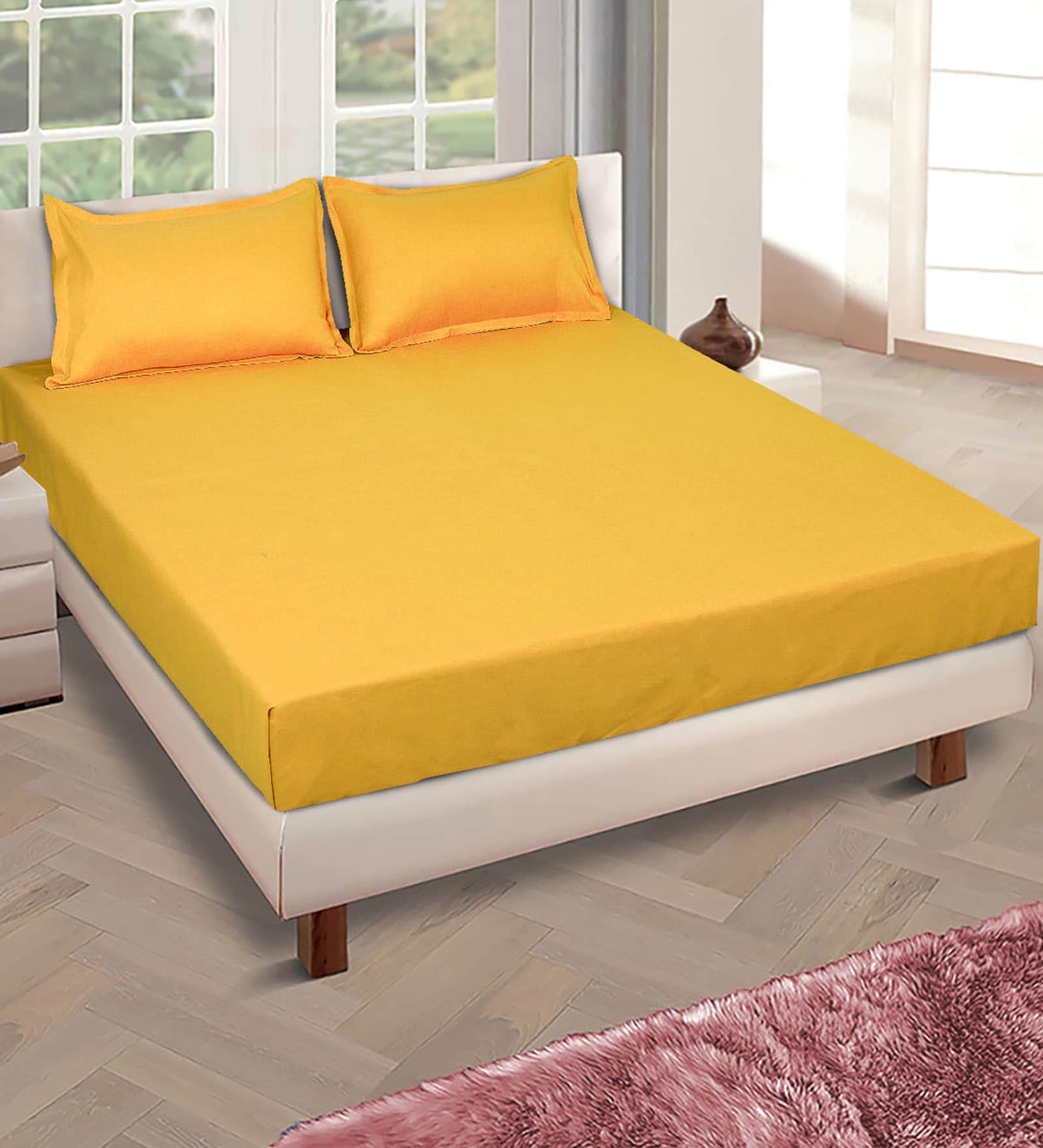 Yellow Solid 150 TC Glace Cotton Queen Sized Double Bedsheet with 2 Pillow Covers