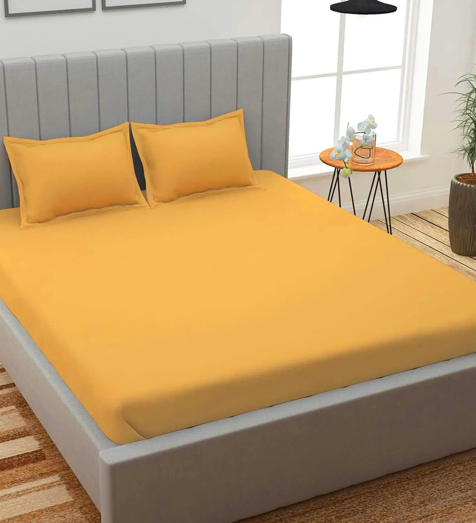 Yellow Solid 150 TC Microfiber Queen Sized Double Bedsheet with 2 Pillow Covers