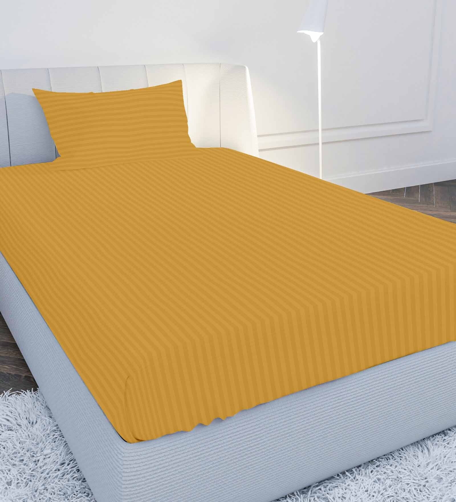 Yellow Solid 210 TC Cotton Single Sized Bedsheet with 1 Pillow Cover Satin Stripe 2024 Collection