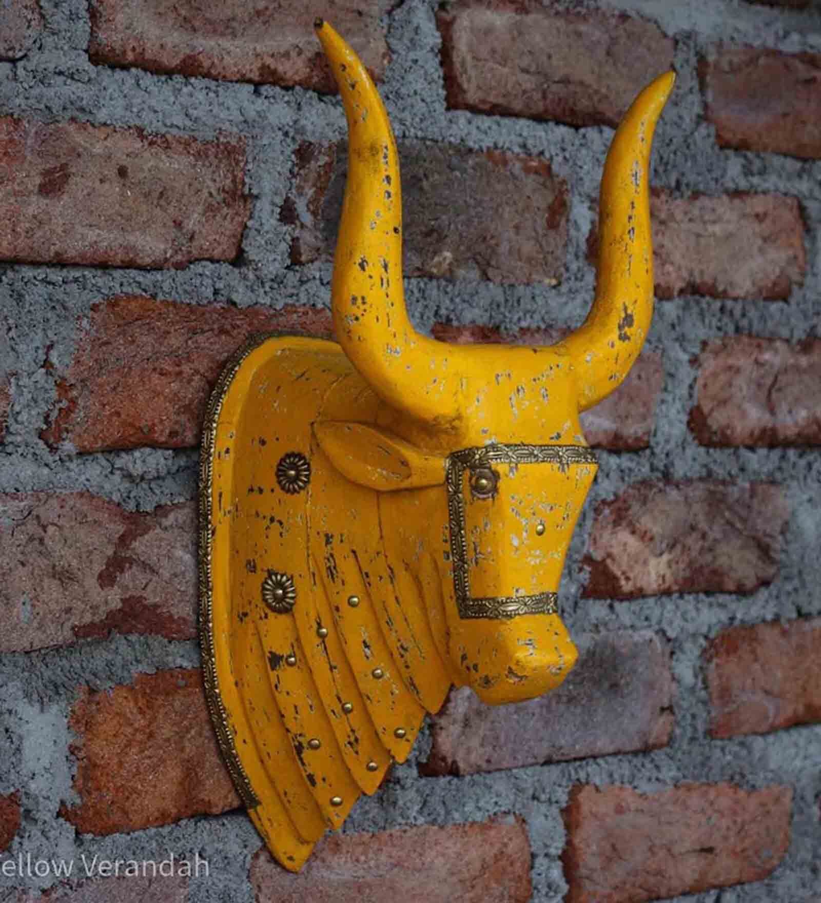Buy Yellow Solid Distressed Wood Nandi Head Wall Mask Faux Animal Bust