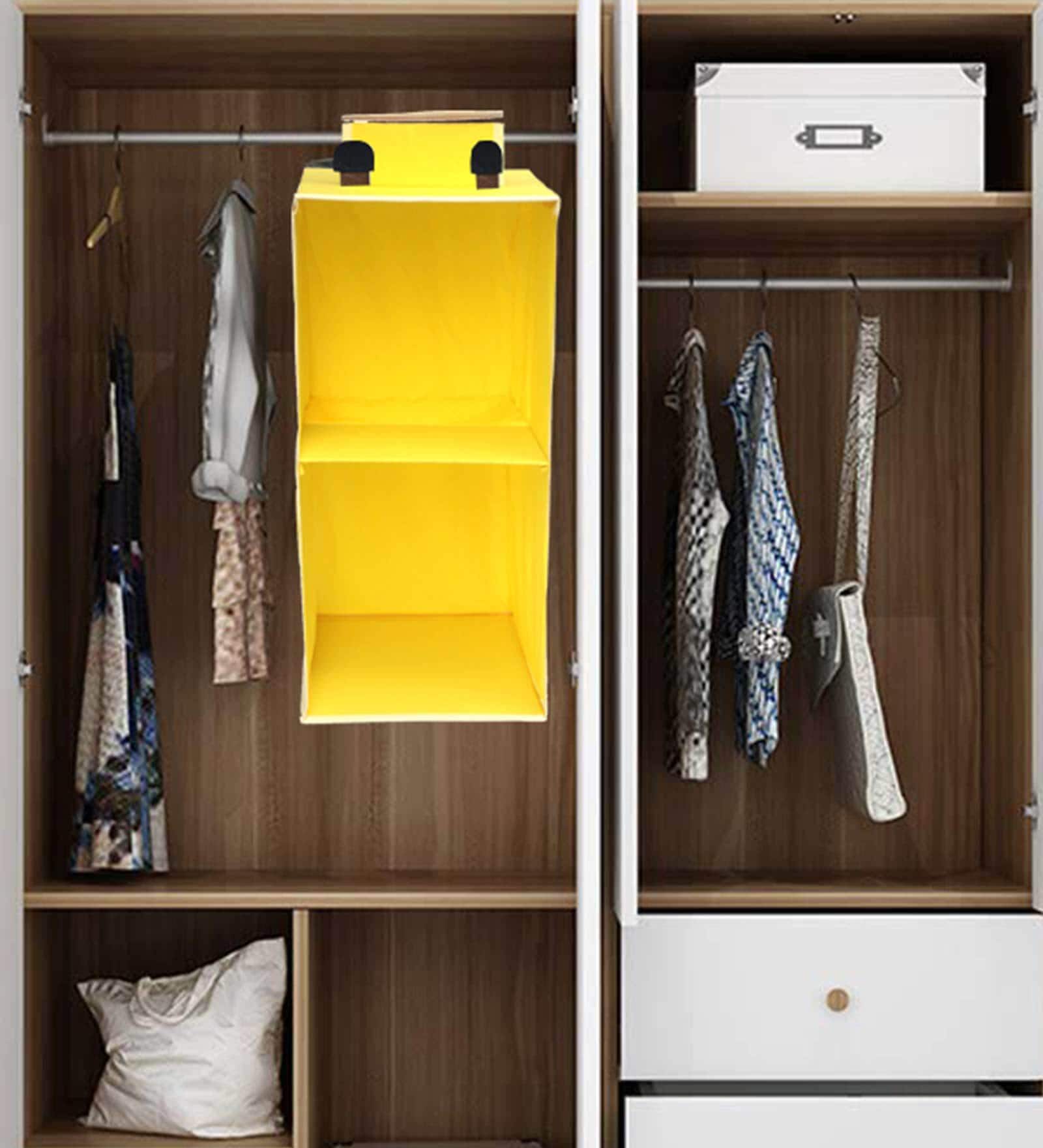 Cupboard Solid Polyester  Foldable Hanging Cloth Organiser With 2 Shelves