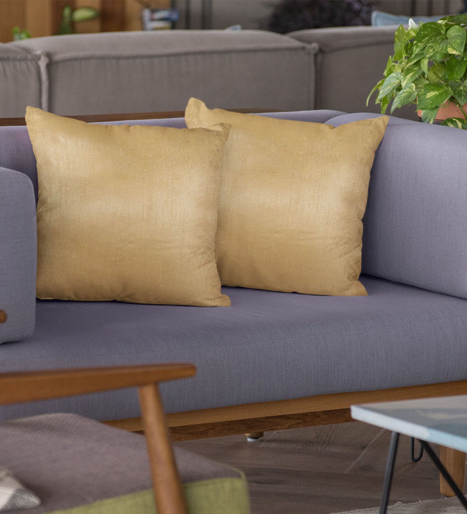 Gold Solid Silk Blend 16 x 16 Inches Cushion Covers (Set of 2)
