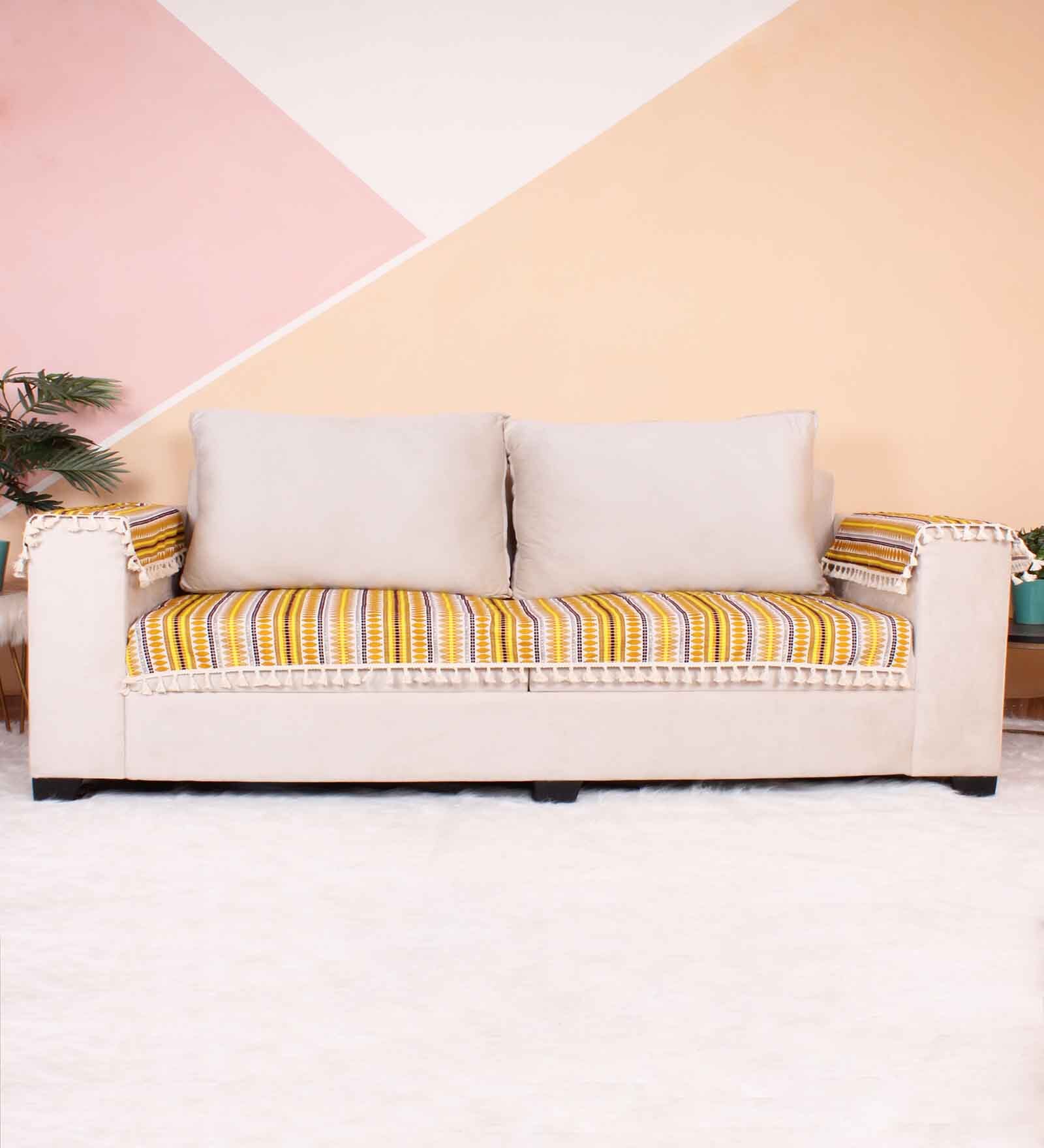 Yellow Solid Woven 3 Seater Acrylic Sofa Cover (Protector)