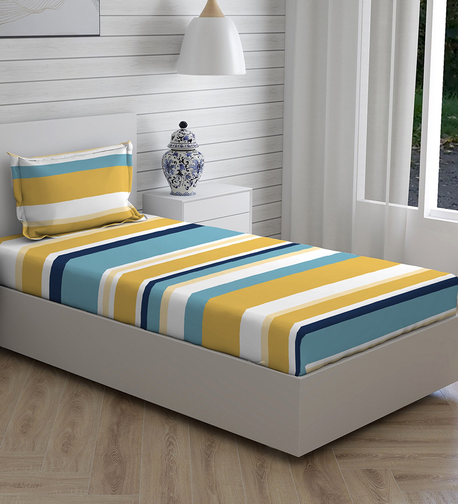 Buy Yellow Striped 146 TC Cotton Single Bed Sized Bed Sheets With 1 ...
