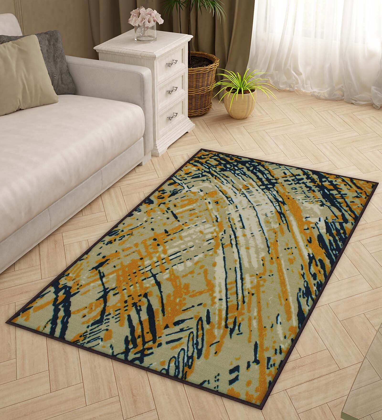 Yellow Abstract Polyester 3 ft x 5 ft Machine Made Carpet