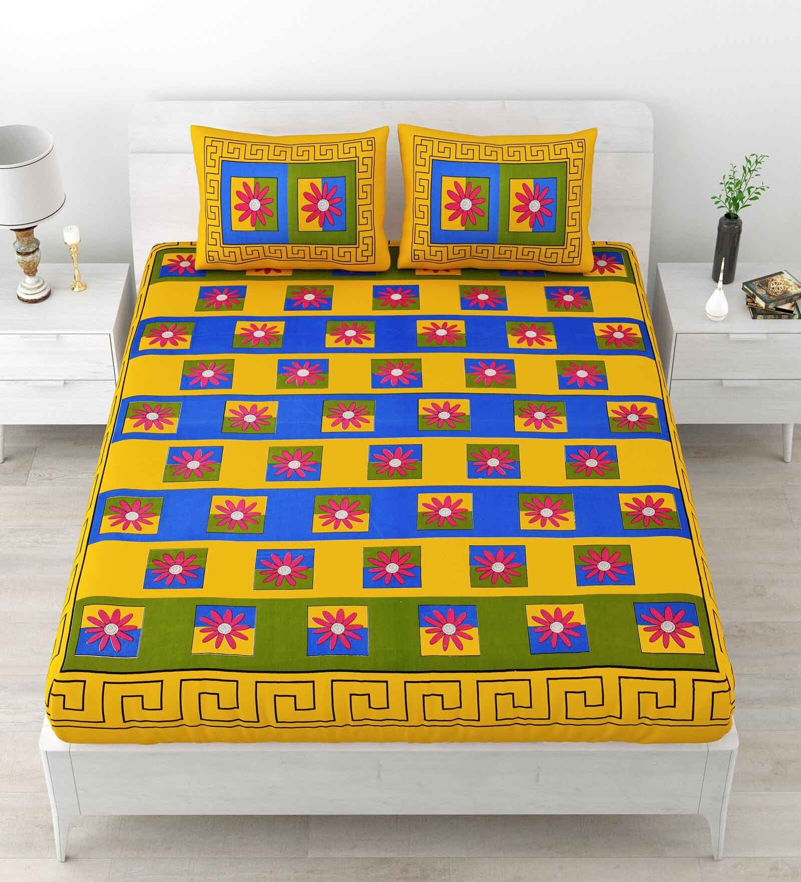 Yellow Abstract 120 TC Cotton Queen Sized Bedsheet with 2 Pillow Cover