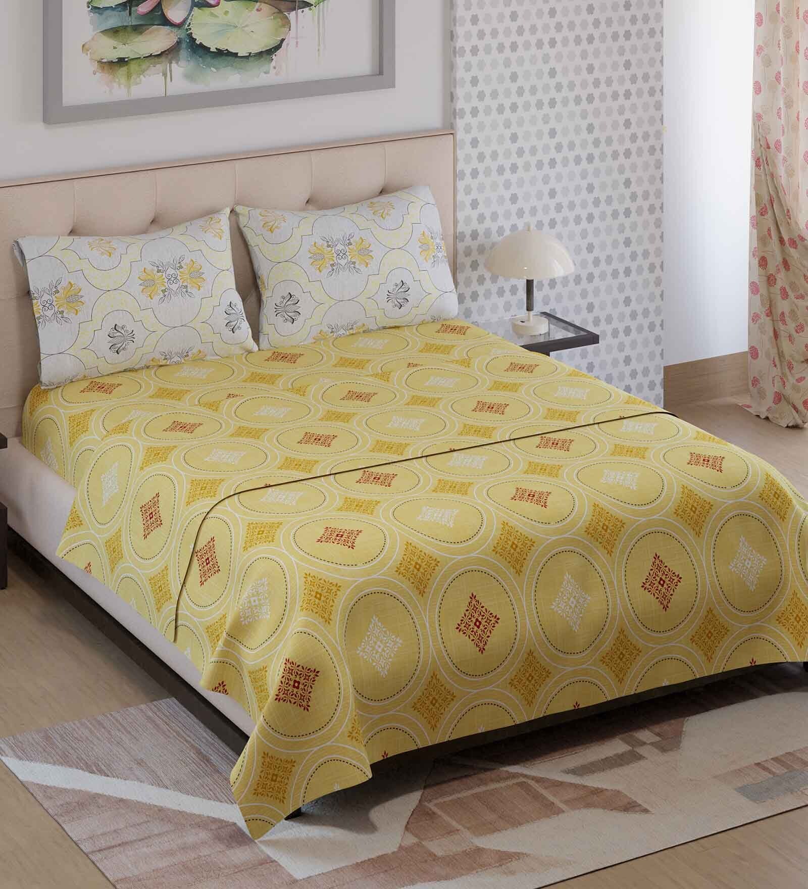 Buy Yellow Traditional 125 TC Microfibre Queen Size Bed Sheets with 2 ...