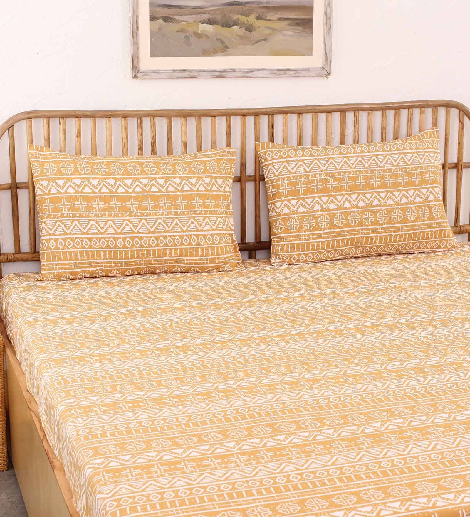 Yellow Traditional 144 TC Cotton 1 King Bedsheet with 2 Pillow Cover