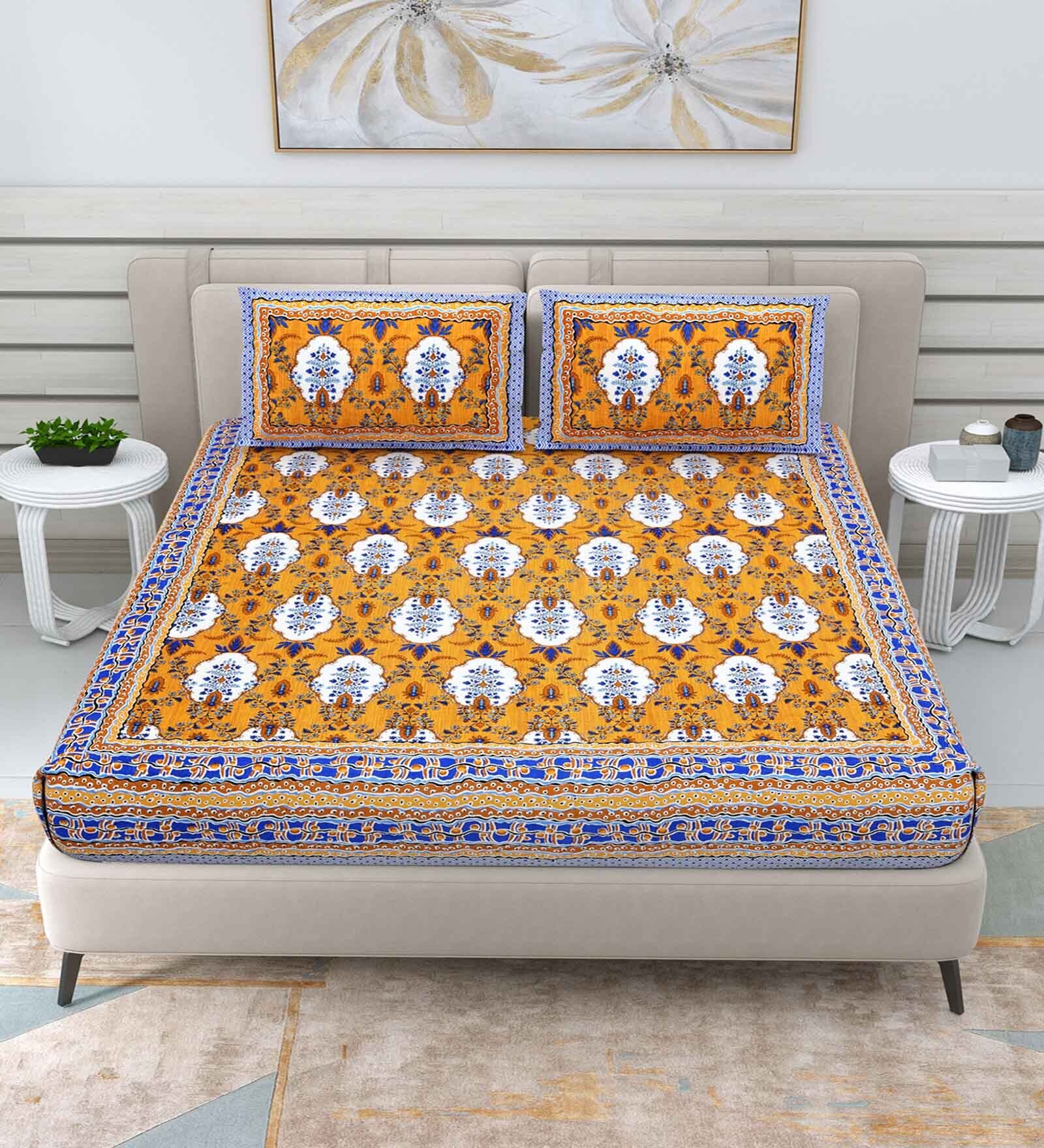 Yellow Traditional 144 TC Cotton Double Queen Bedsheet With 2 Pillow Covers