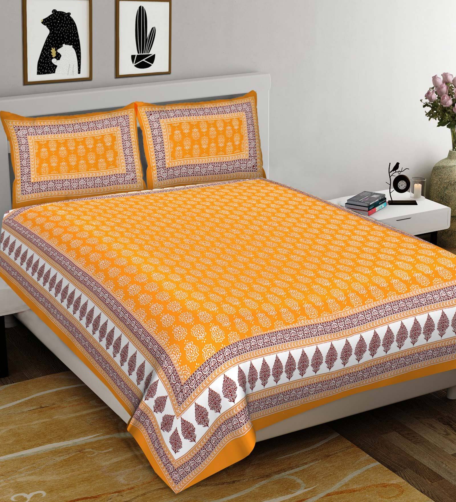 Buy Yellow Traditional 160 Tc Cotton King Sized Bed Sheets With 2