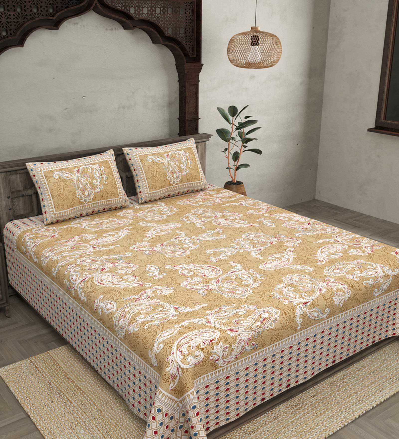 Yellow Traditional 180 TC Cotton Queen Sized Bed Sheets with 2 Pillow Covers