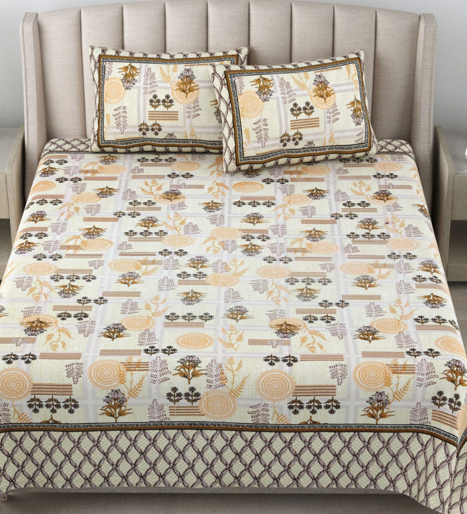 Yellow Traditional 180 TC Cotton Printed Bedsheet With Two Pillow Covers For Queen Bed (Mushroom House Printed ,Yellow ,153 GSM)