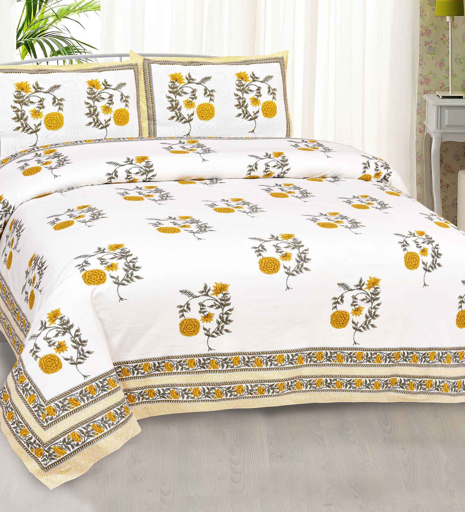 Yellow Floral 300 TC Cotton Queen Sized Bed Sheets with 2 Pillow Covers