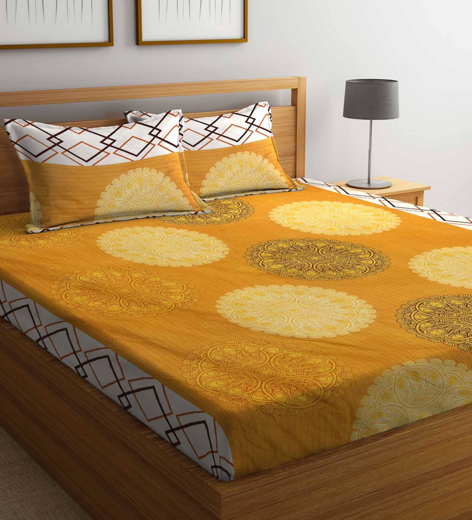 Buy Yellow Traditional 300 Tc Cotton Blend Queen Sized Bed Sheets With