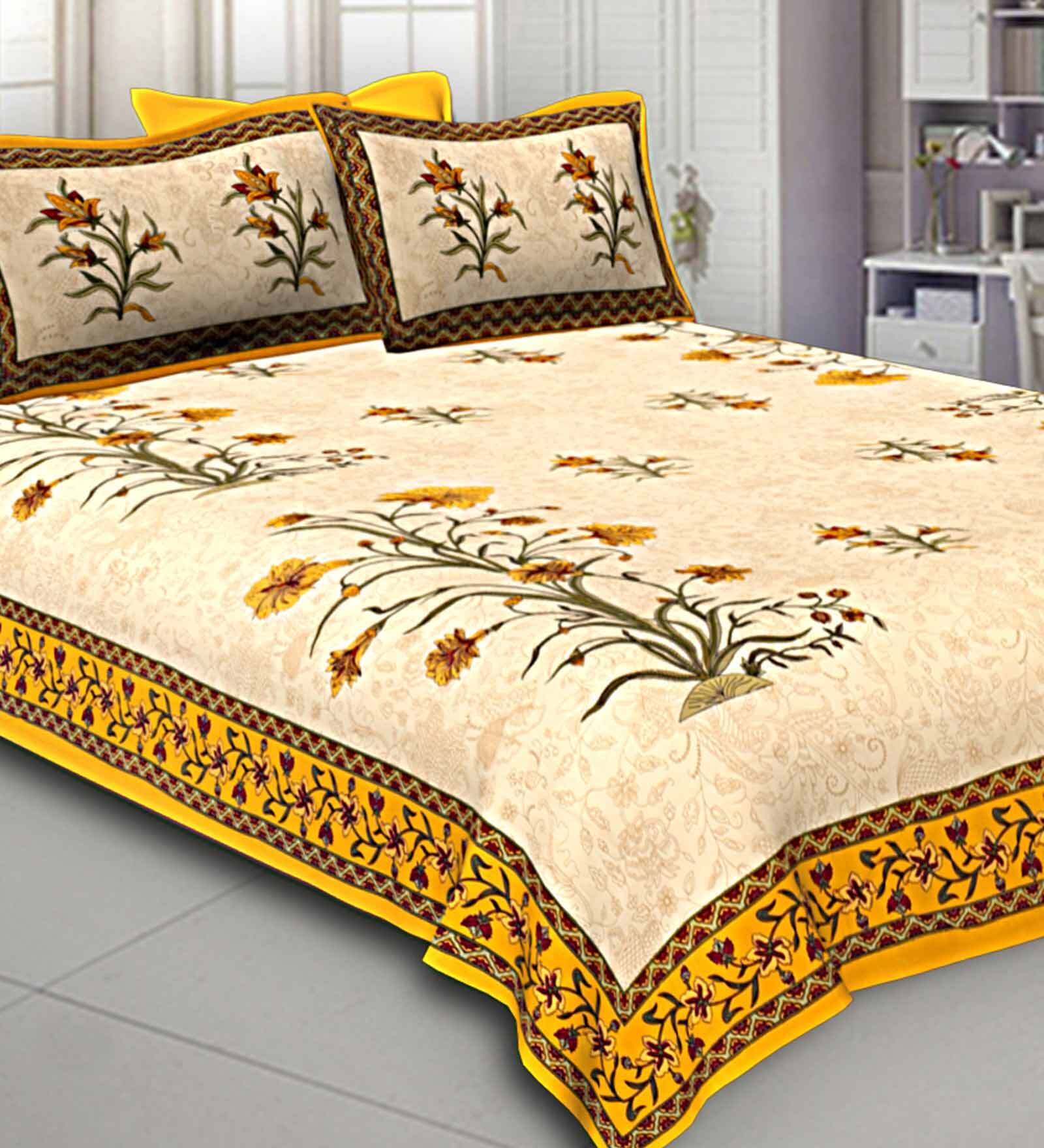 Yellow Traditional TC 150 Cotton Double Bed Sheet With 2 Pillow Covers