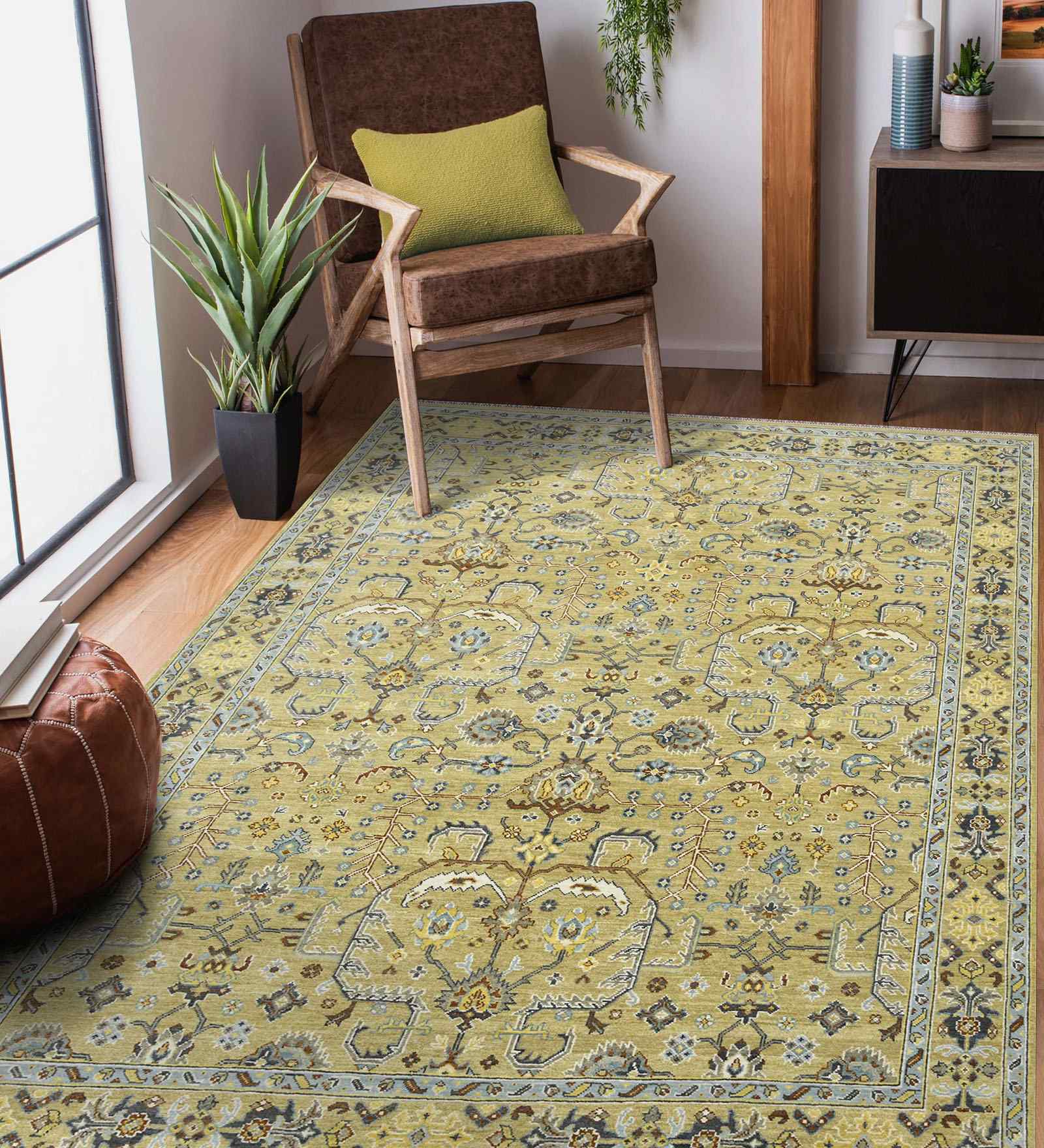 Yellow Traditional Wool 9x12 Feet Handmade Rectangle Carpet
