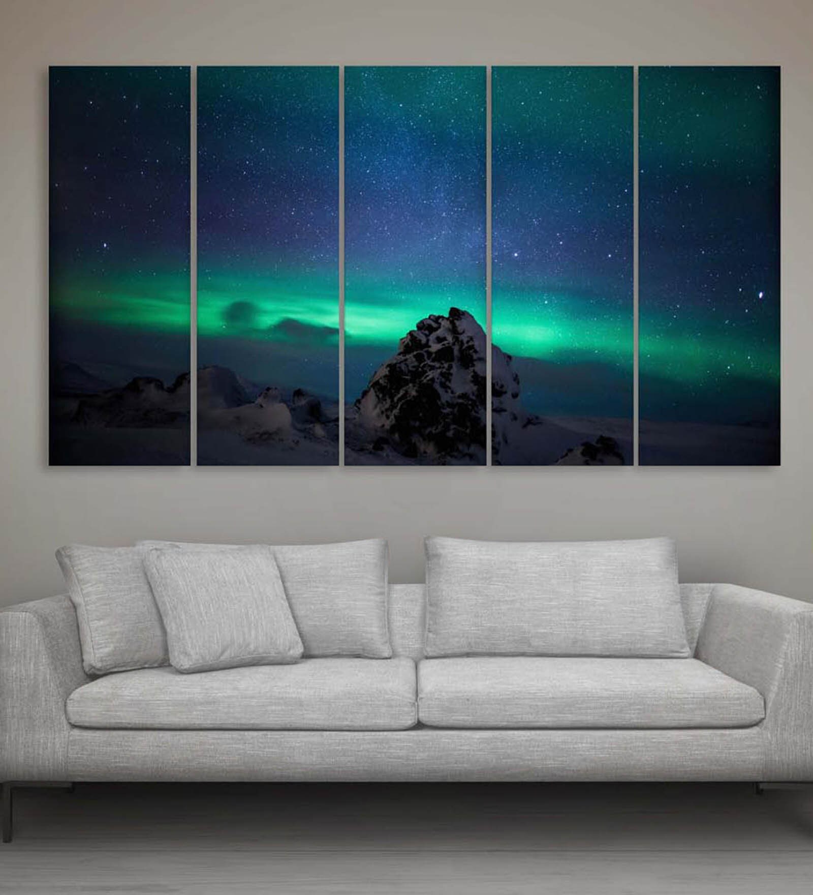 Blue Wood Framed Landscape Norther Lights Art Panel Set of 5