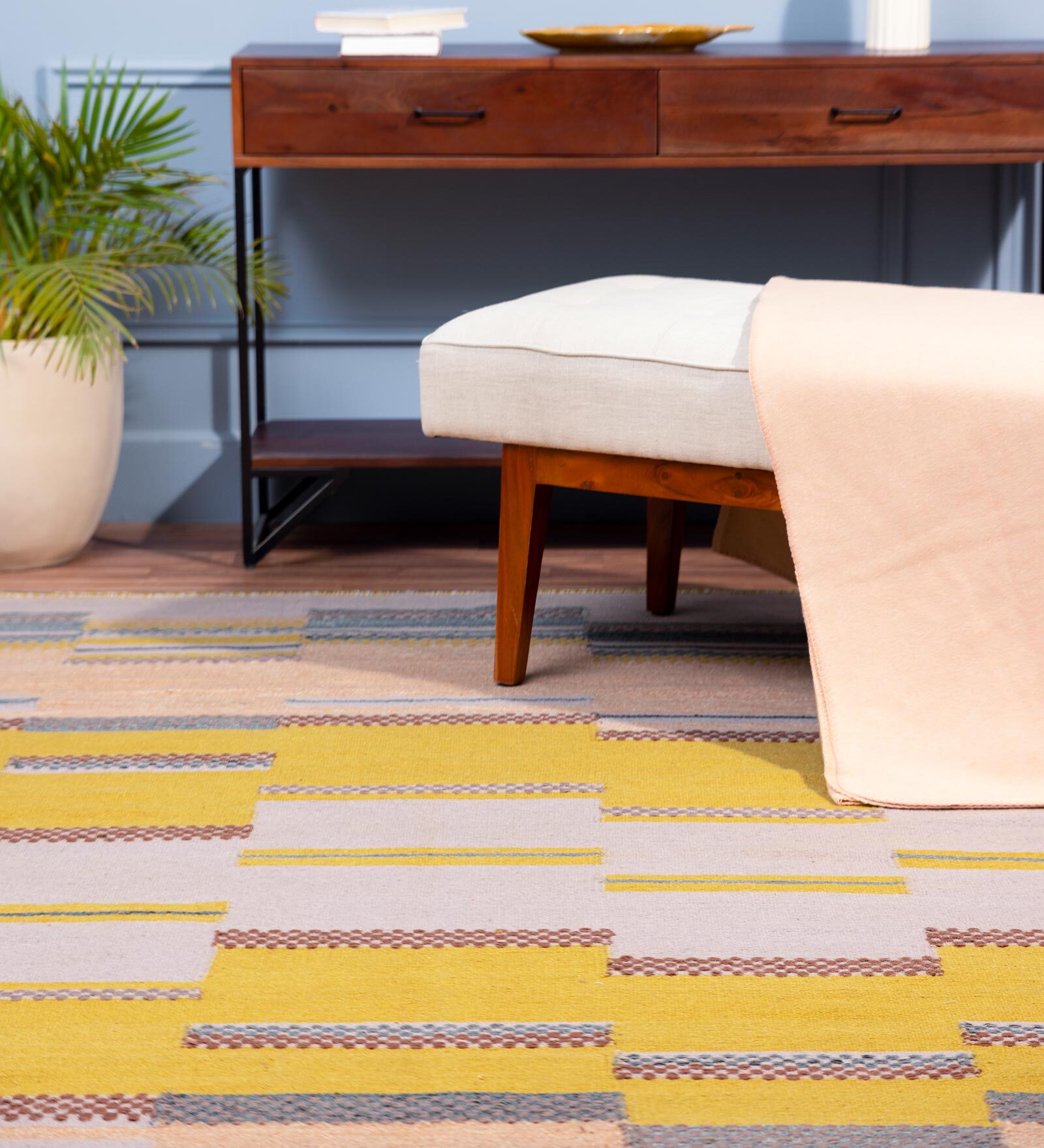 Yellow Wool Geometric 6 x 9 Feet Hand Woven Carpet