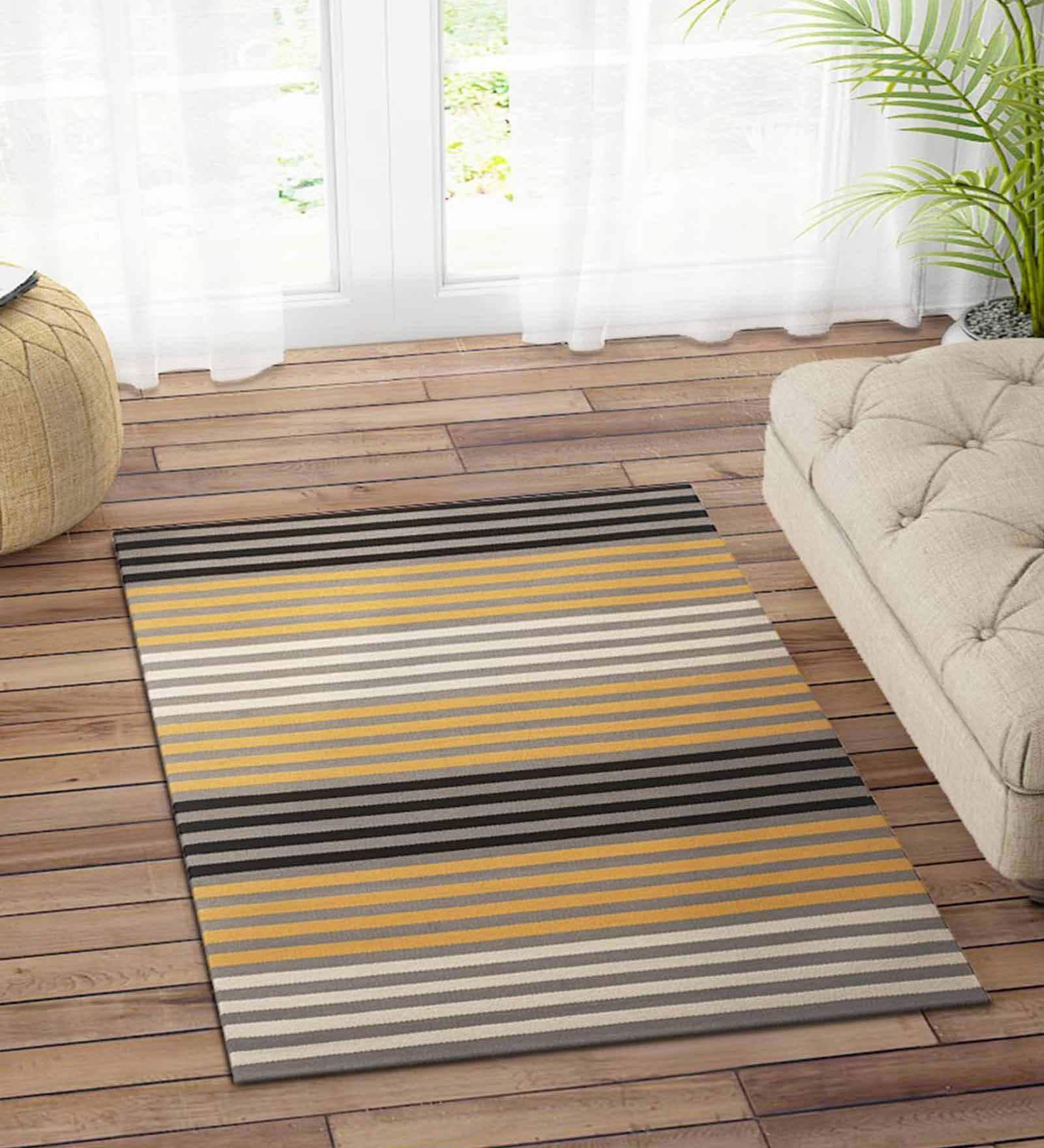 Yellow Cotton 3 ft X 5 ft Hand Woven Dhurrie