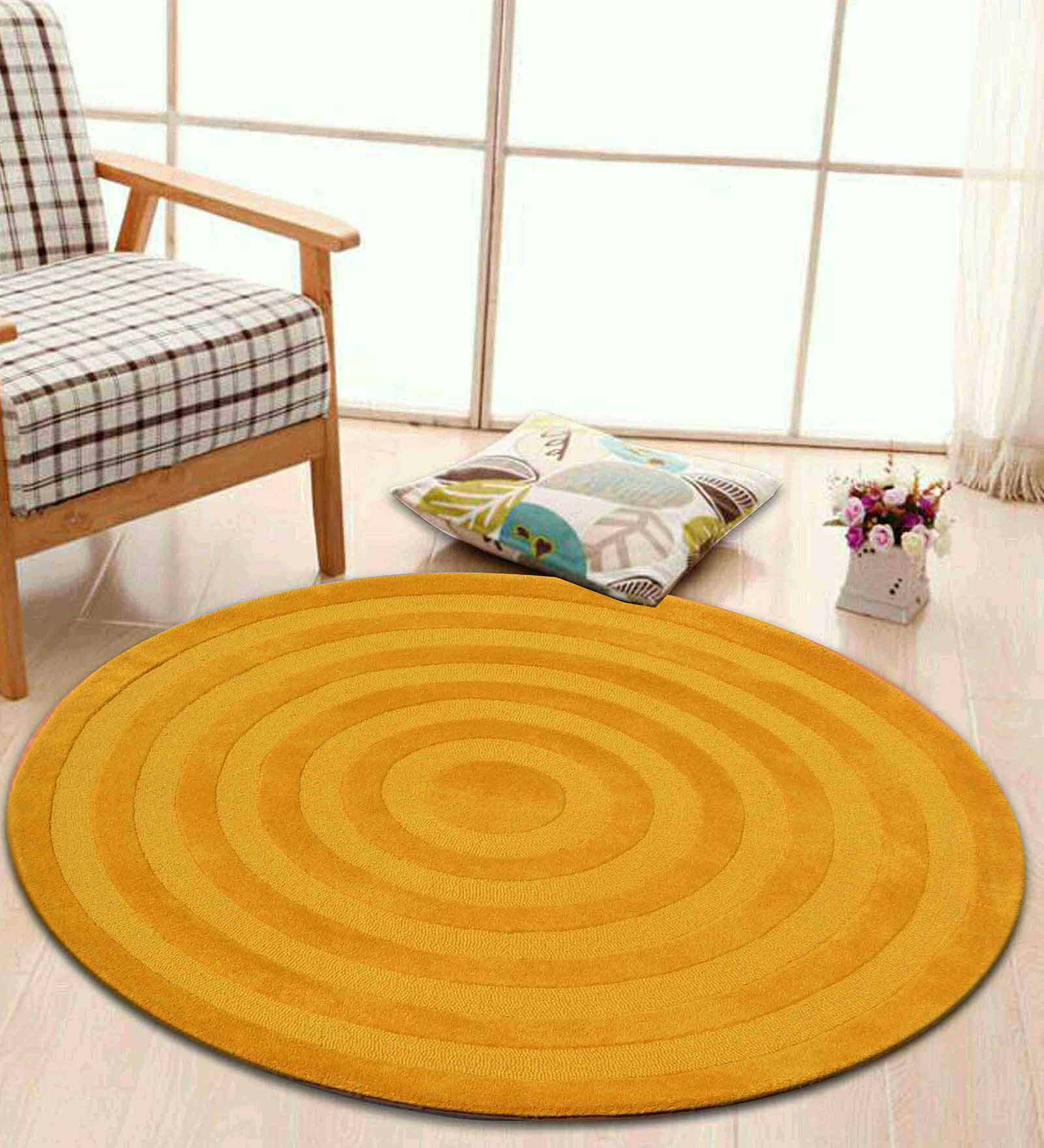 Yellow Wool Abstract 4 ft x 4 ft Hand Tufted Carpet